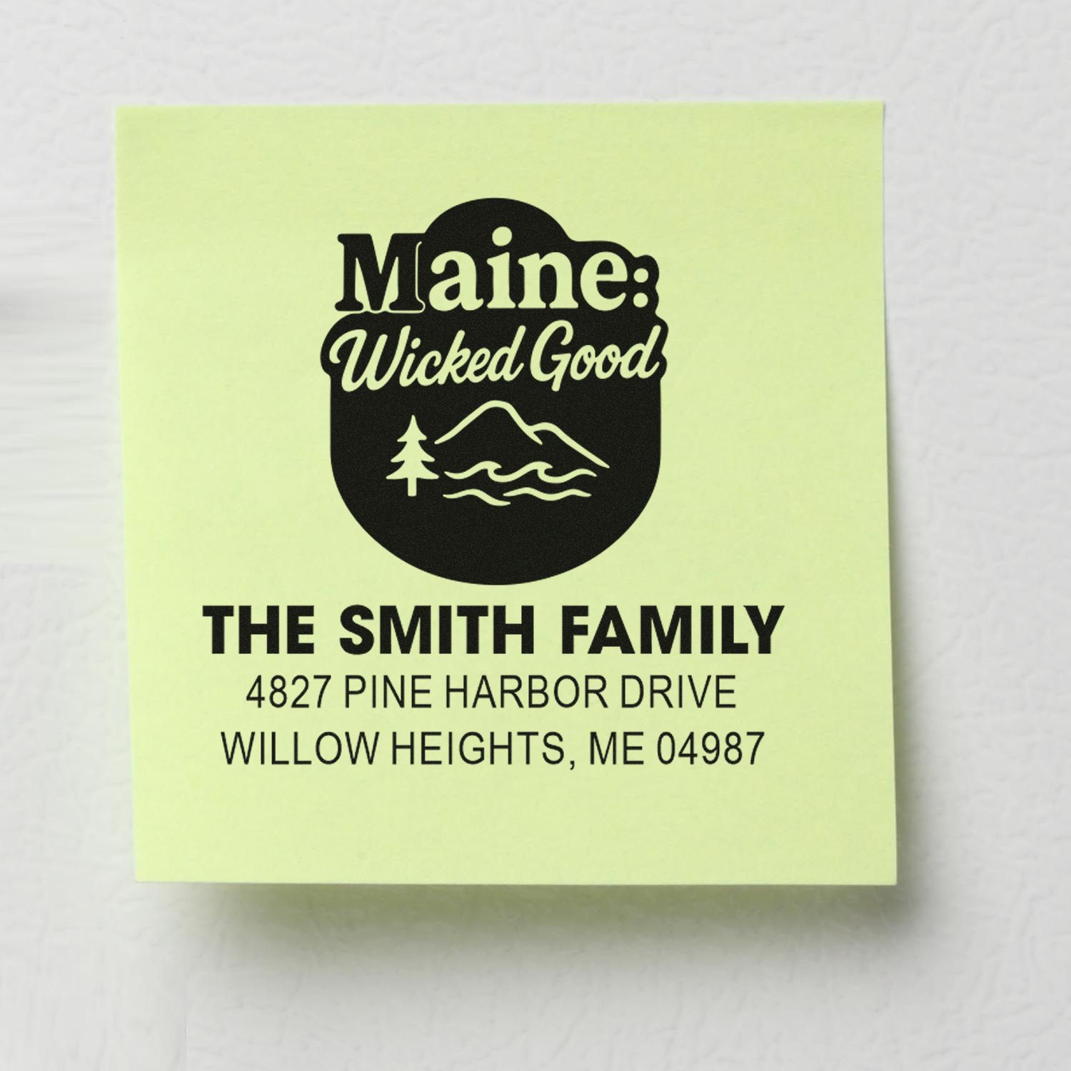 Custom Maine address rubber stamp for The Smith Family with Wicked Good design and return mailing address.