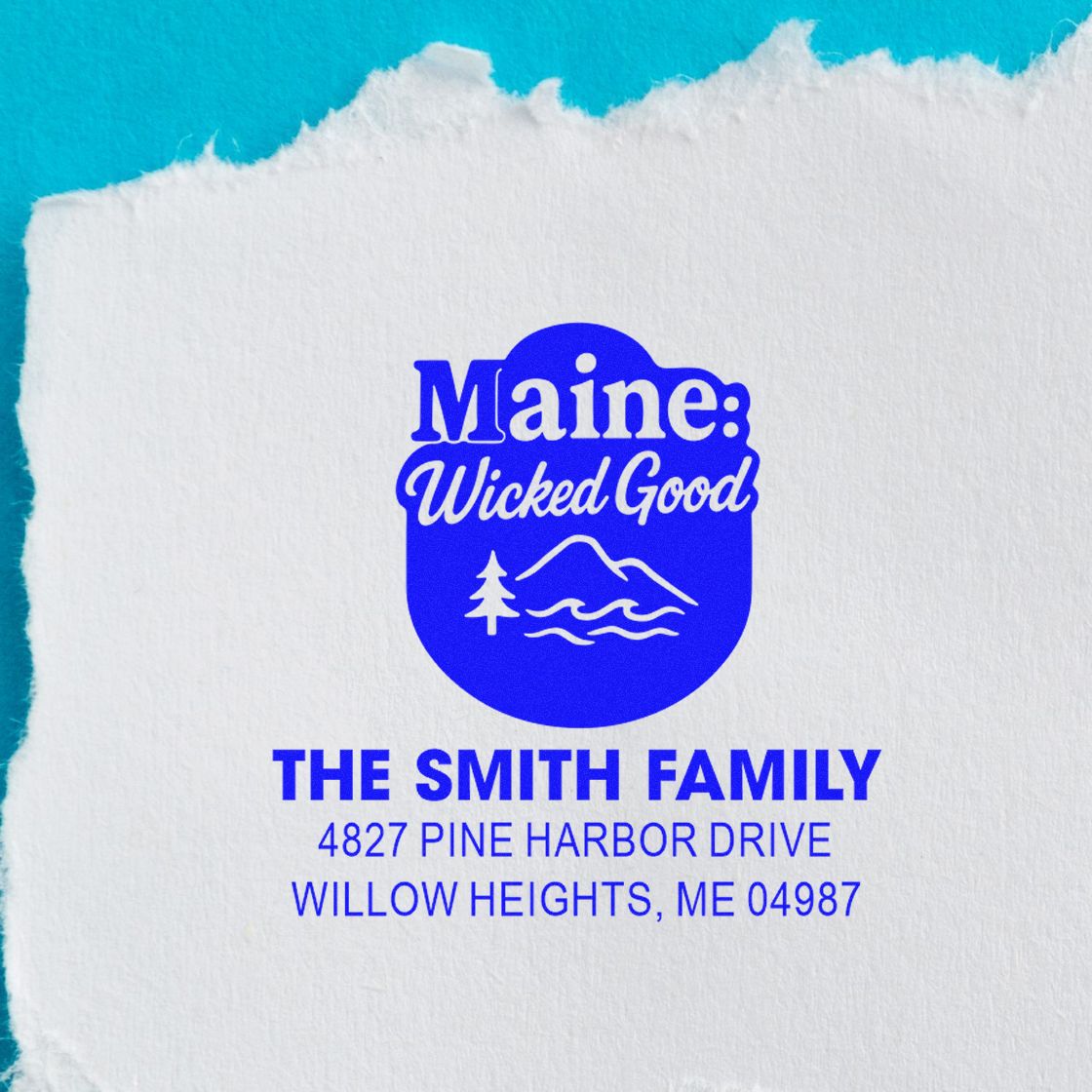Custom Maine rubber stamp for The Smith Family return address, featuring Maine Wicked Good and scenic icon.