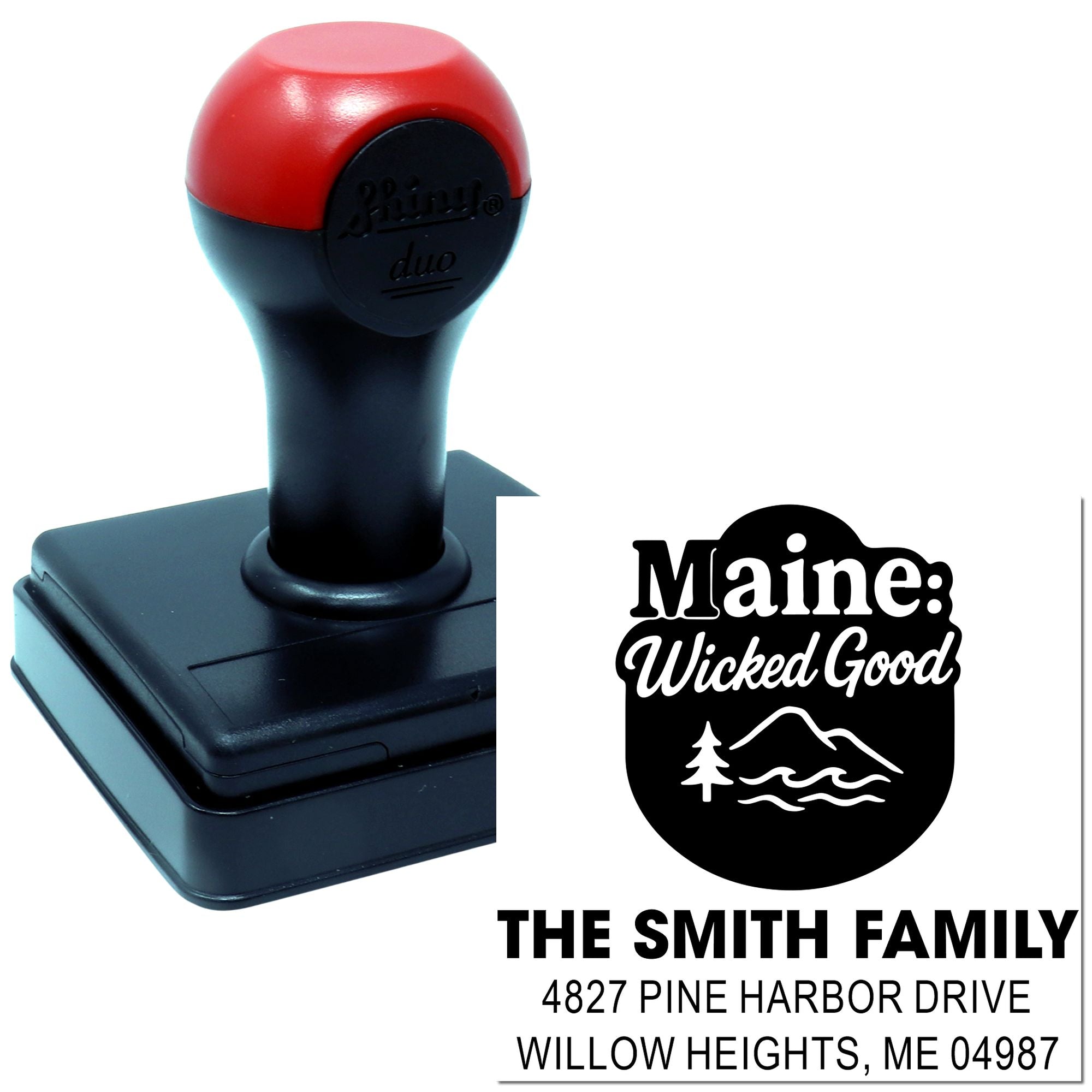 Custom Maine return address rubber stamp with Wicked Good family logo for personalized mailing.