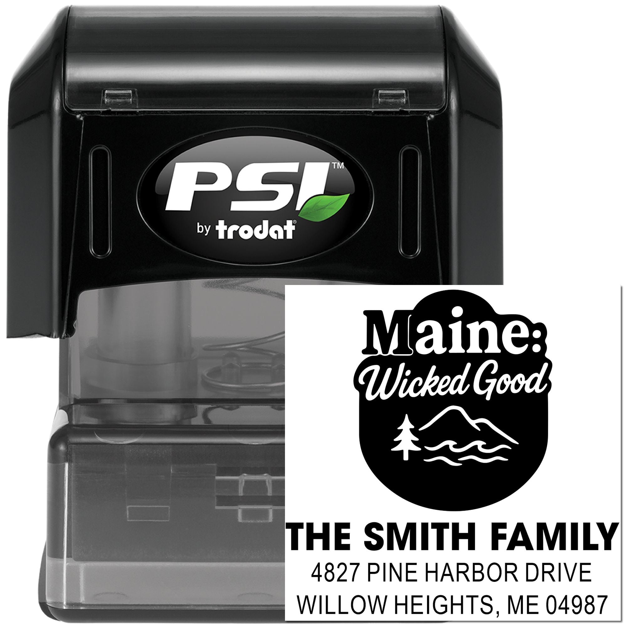 Custom self-inking rubber address stamp by PSI Trodat with Maine design and personalized Smith Family return address.