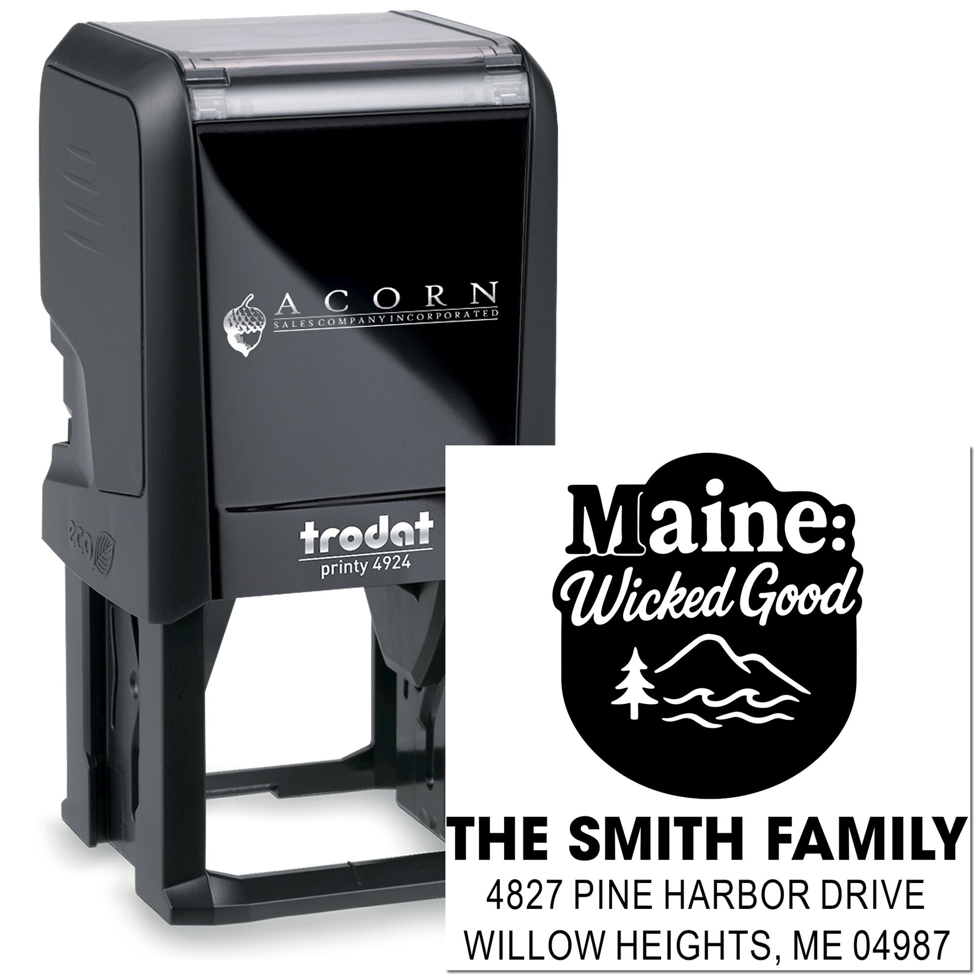 Personalized self-inking rubber stamp with Maine family return address, Trodat Printy 4924, for custom mailing and labeling.