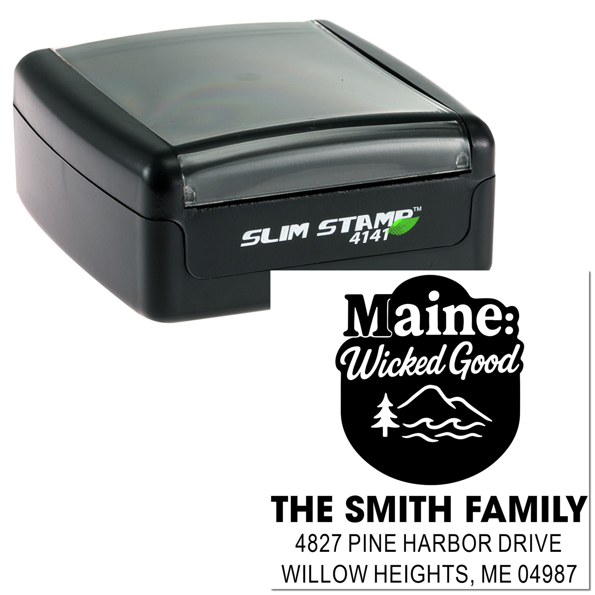 Personalized self-inking rubber address stamp with Maine Wicked Good family design, Slim Stamp 4141