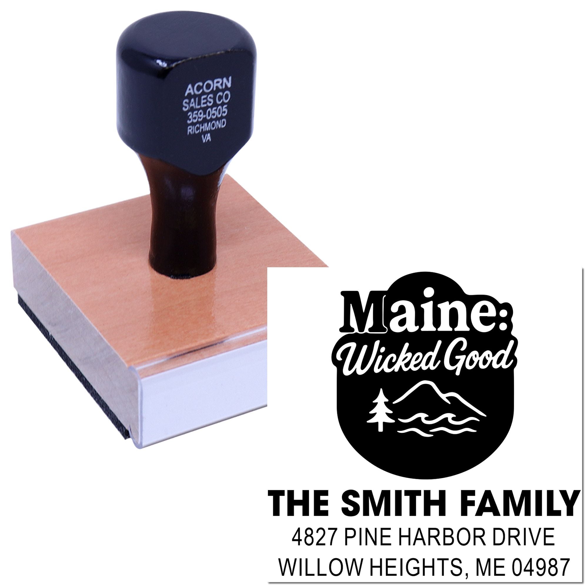 Custom Maine return address rubber stamp with Wicked Good family design for The Smith Family mailing envelopes