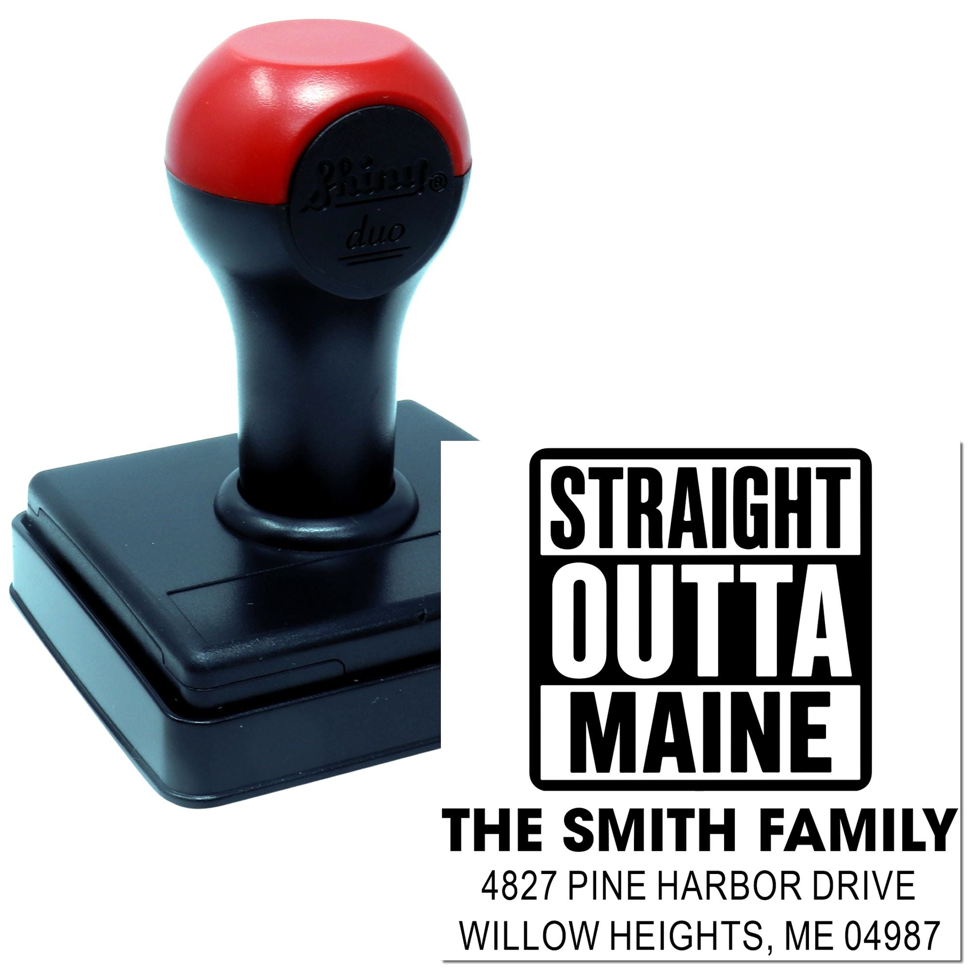 Custom self-inking rubber stamp with Straight Outta Maine return address for The Smith Family mailings