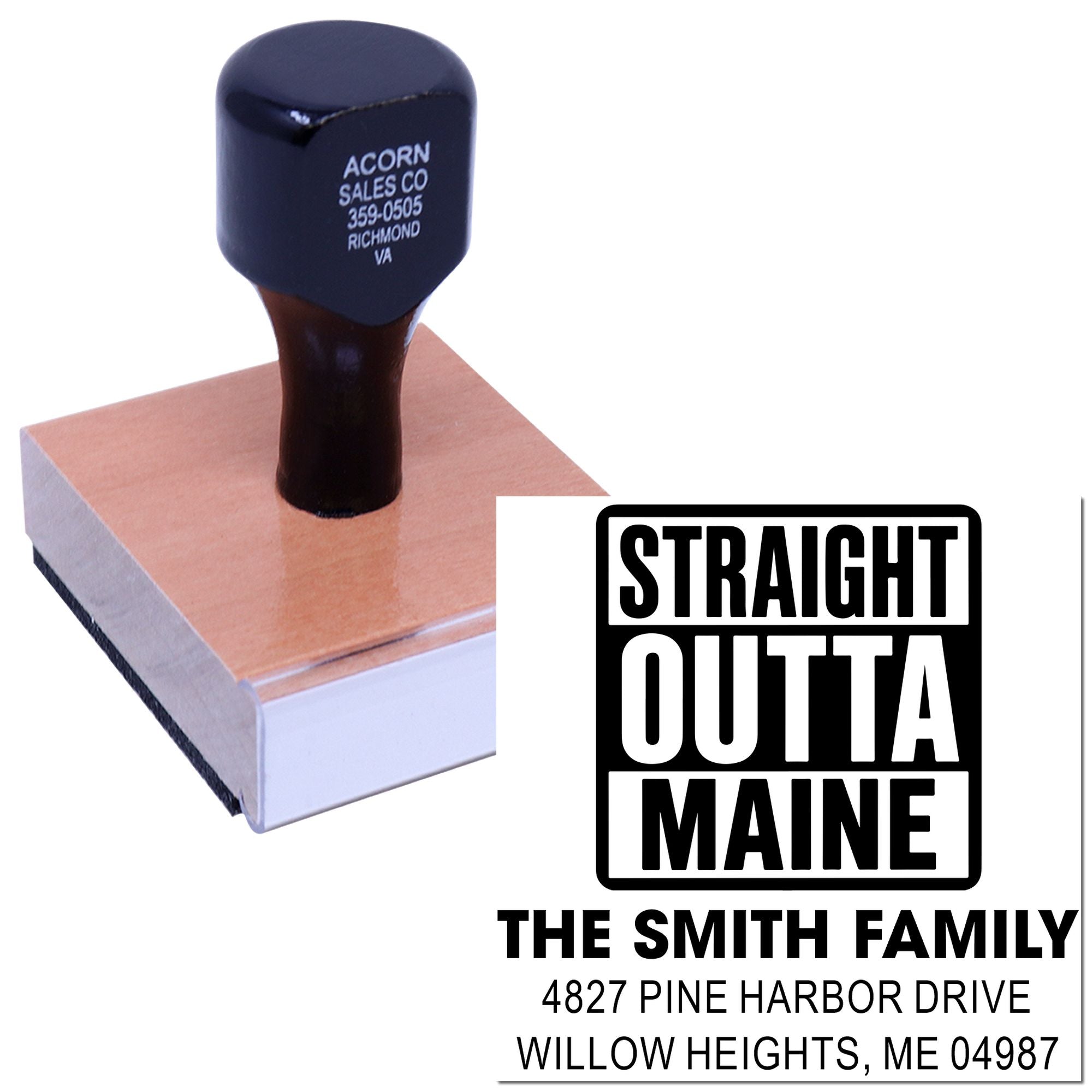 Custom self-inking rubber stamp with Straight Outta Maine design, personalized family name and address for mailing.