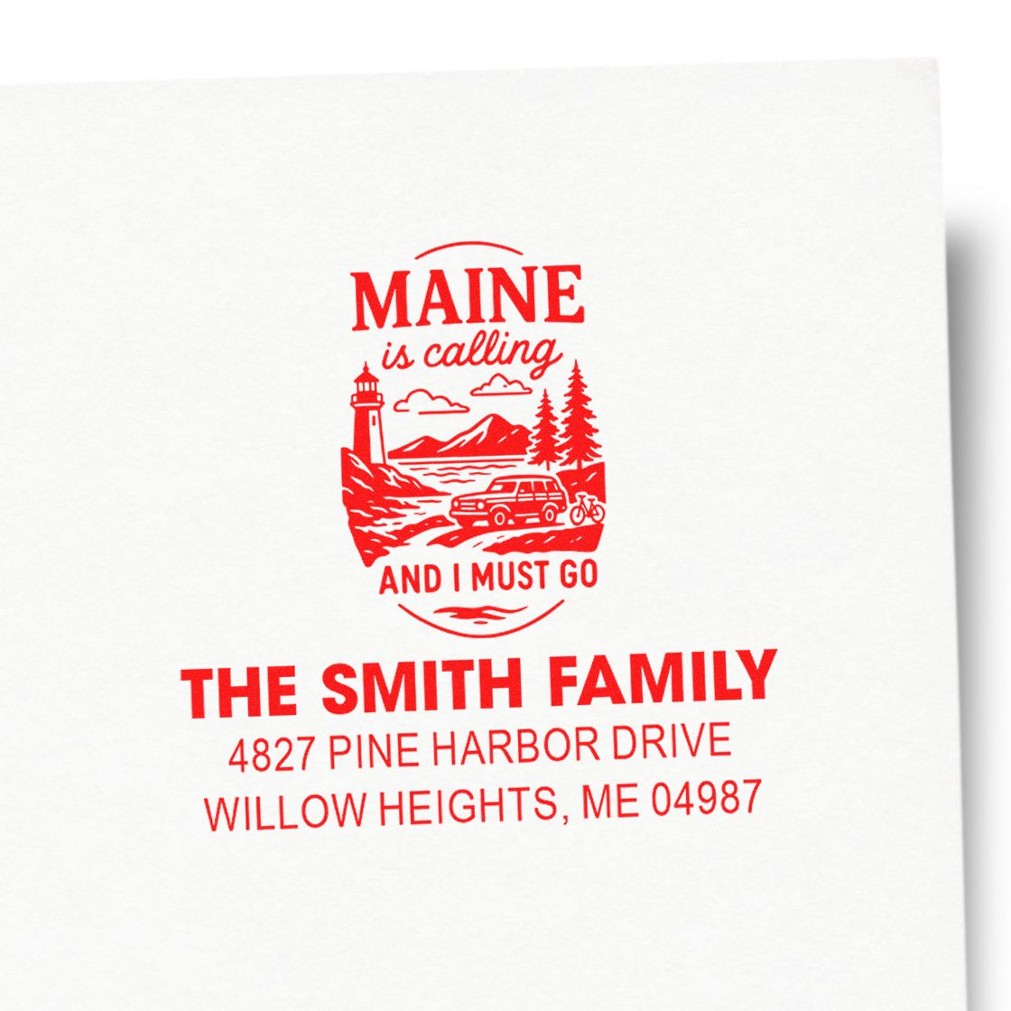 Custom Maine vacation return address rubber stamp for The Smith Family with personalized name and mailing address.