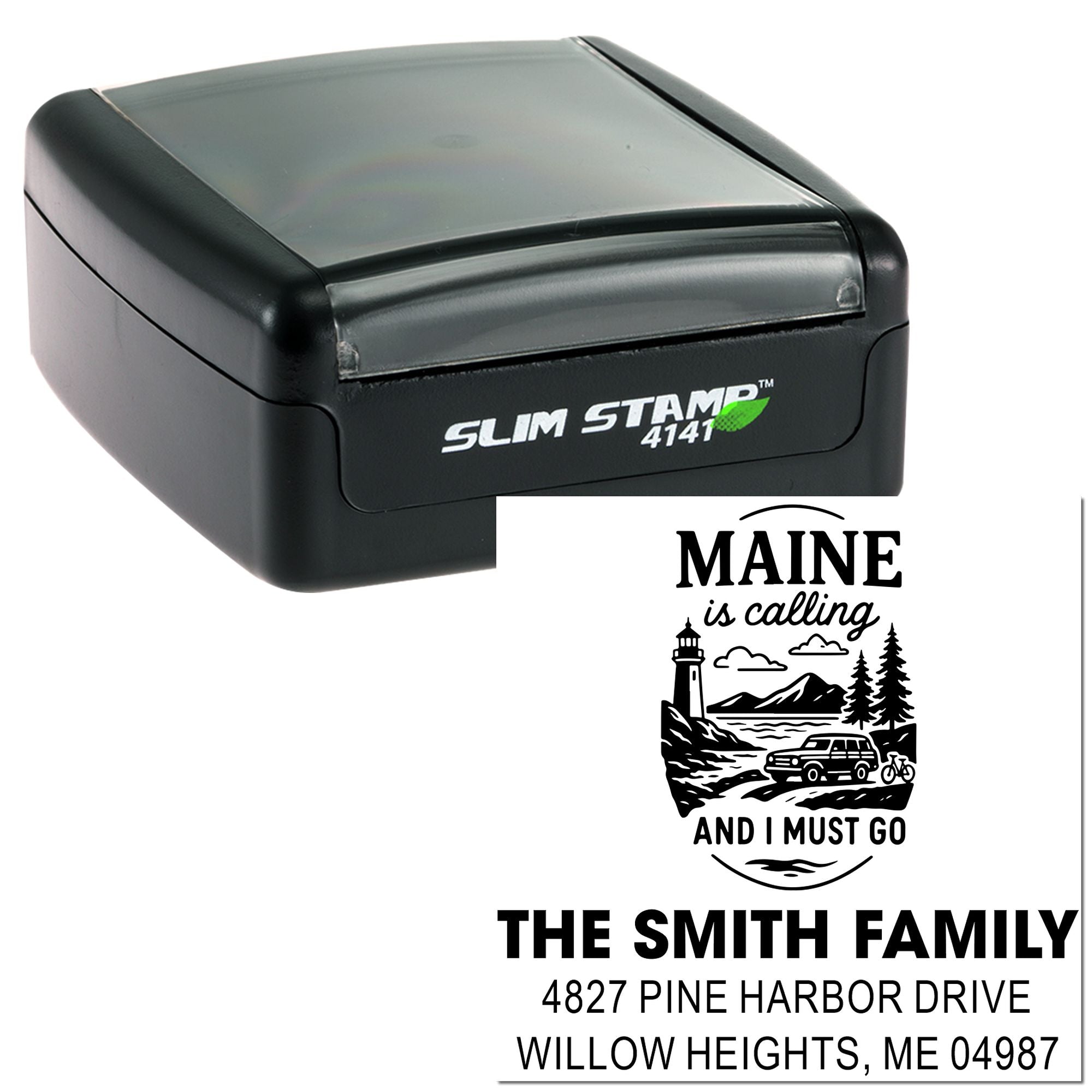 Custom self-inking rubber stamp with Maine travel design and The Smith Family return address, Slim Stamp 4141.