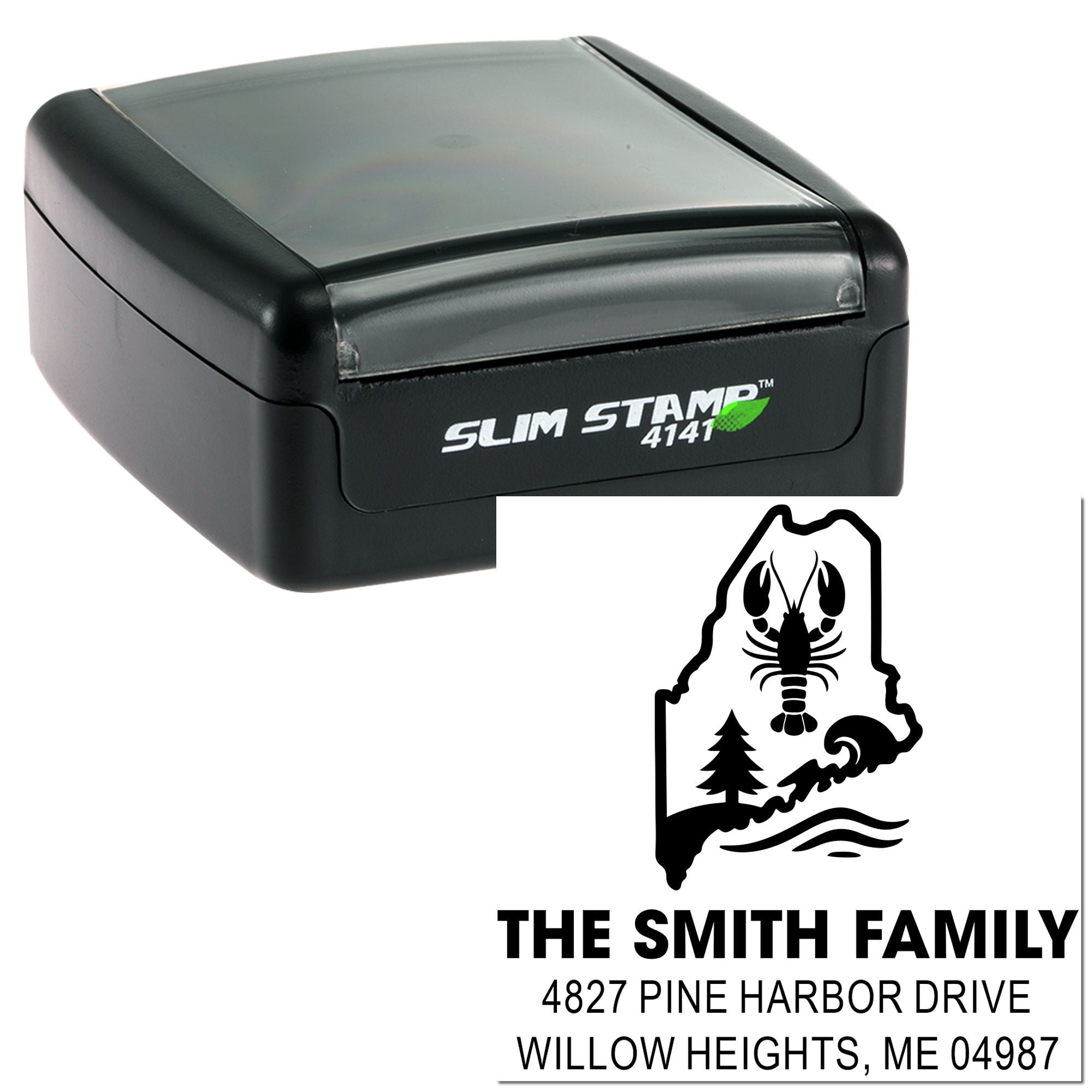 Personalized self-inking return address rubber stamp with Maine lobster design for The Smith Family in Willow Heights, ME