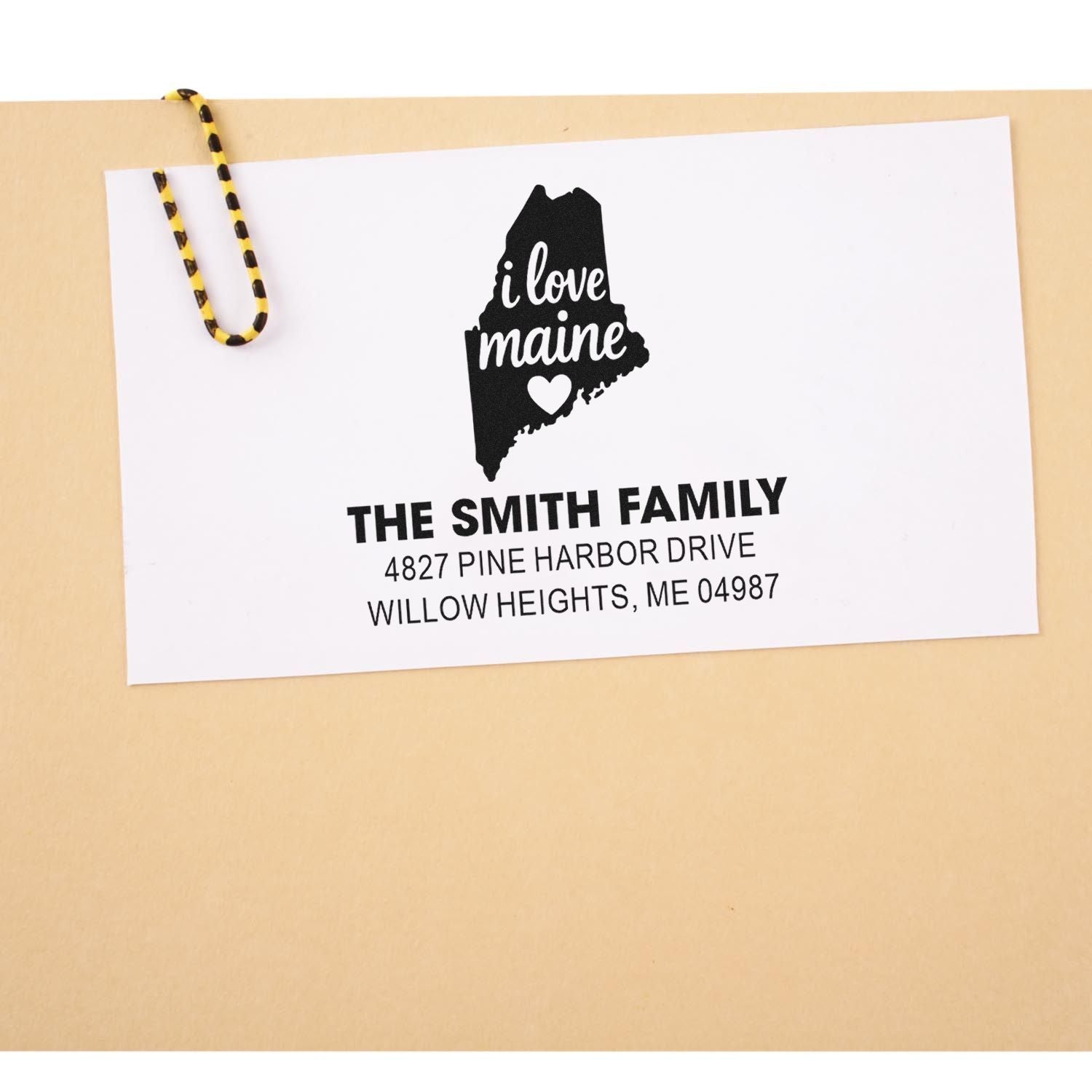 Custom Maine rubber stamp with I love Maine design, Smith family name, and return address for personalized mail.