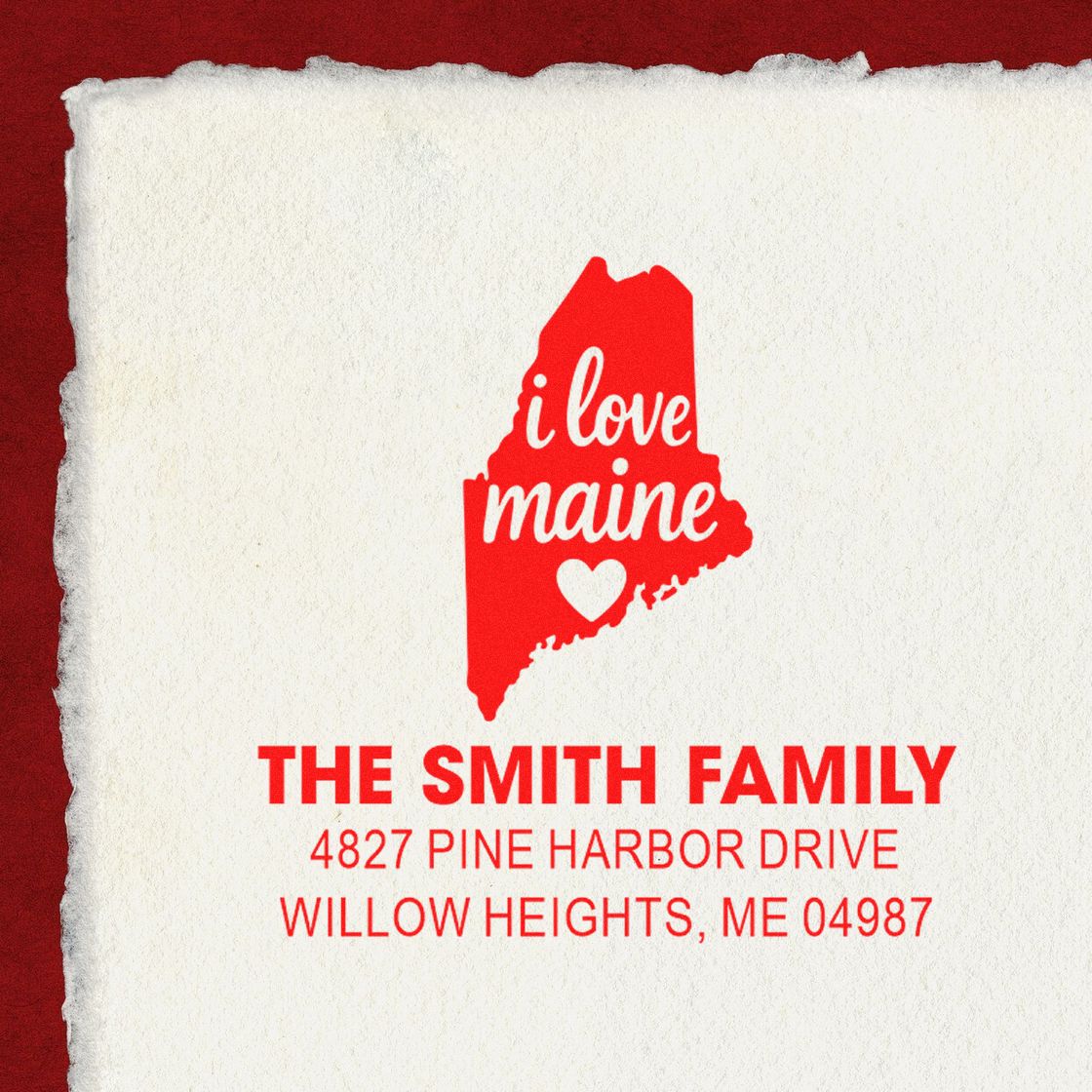 Custom personalized Maine return address rubber stamp with I love Maine design for The Smith Family, Willow Heights, ME 04987.