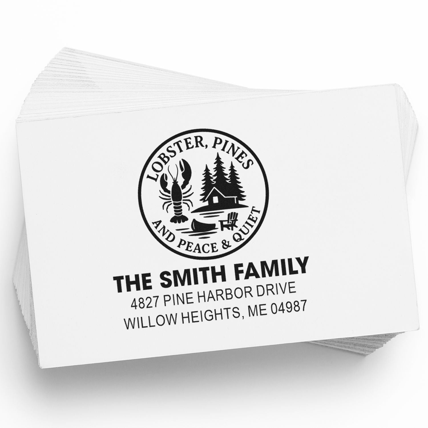 Custom return address rubber stamp for the Smith Family with lobster logo and Willow Heights, ME address.