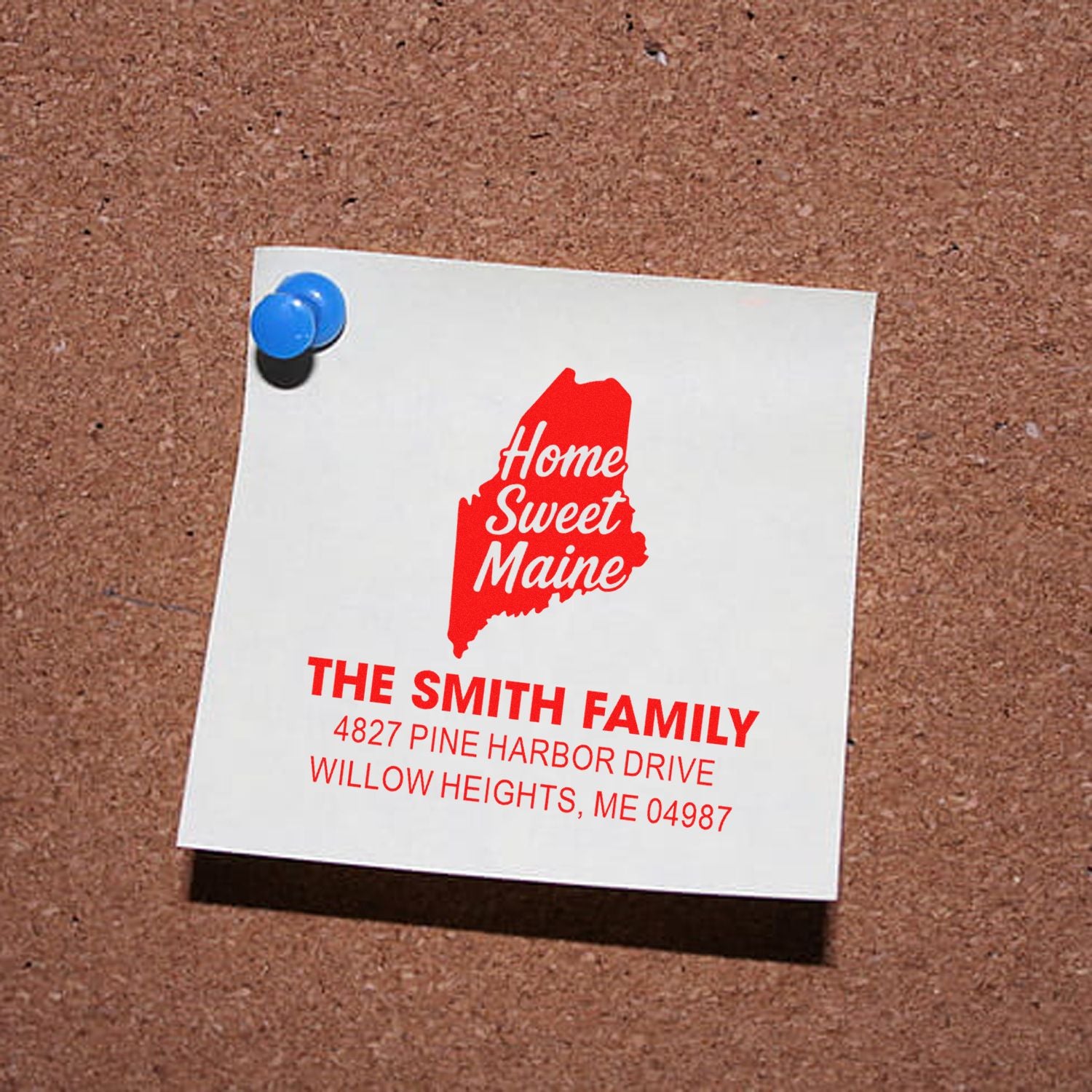 Custom rubber address stamp with Home Sweet Maine design and Smith family address for personalized mailing and stationery.