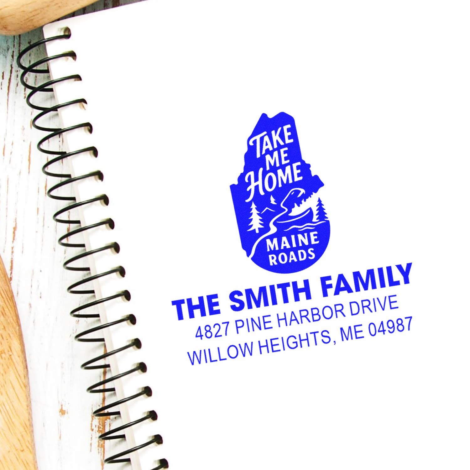 Custom Maine return address rubber stamp with Take Me Home Maine Roads design for the Smith family.