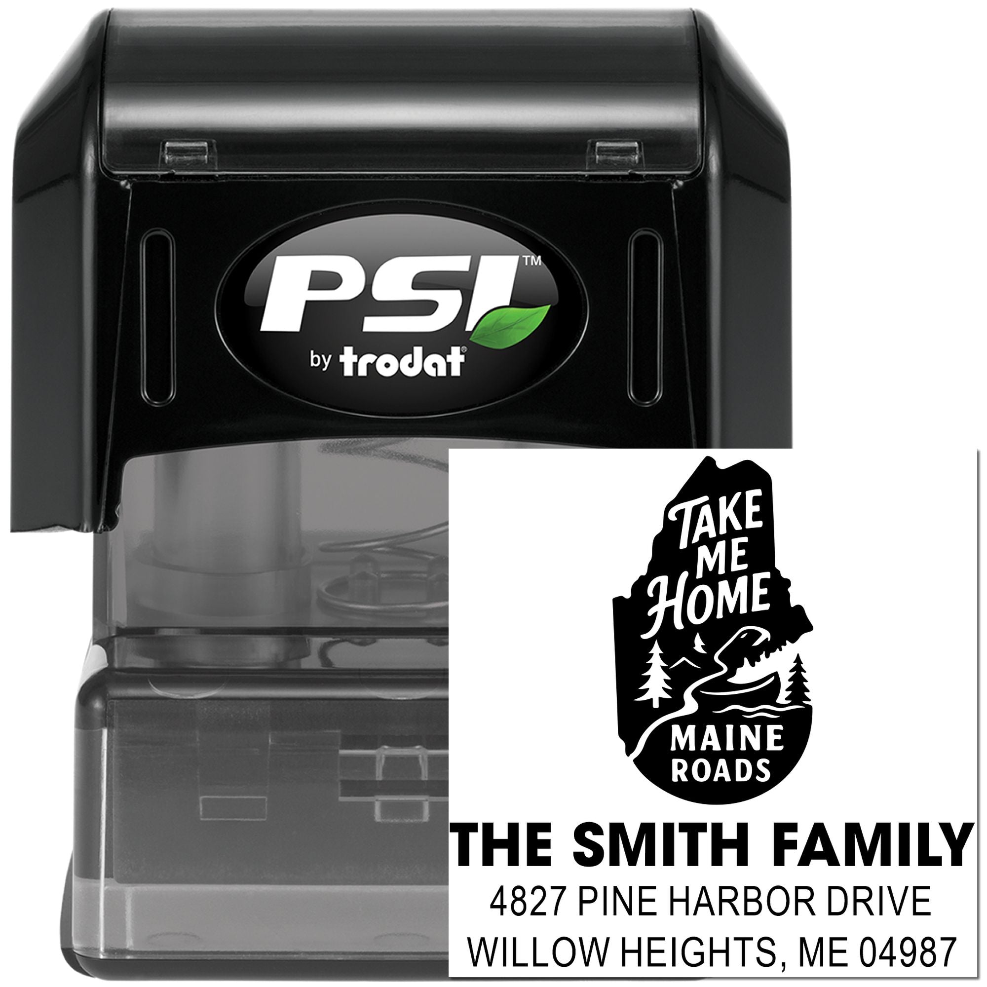 PSI by Trodat self-inking rubber stamp for custom address imprint with Maine Roads design for The Smith Family.