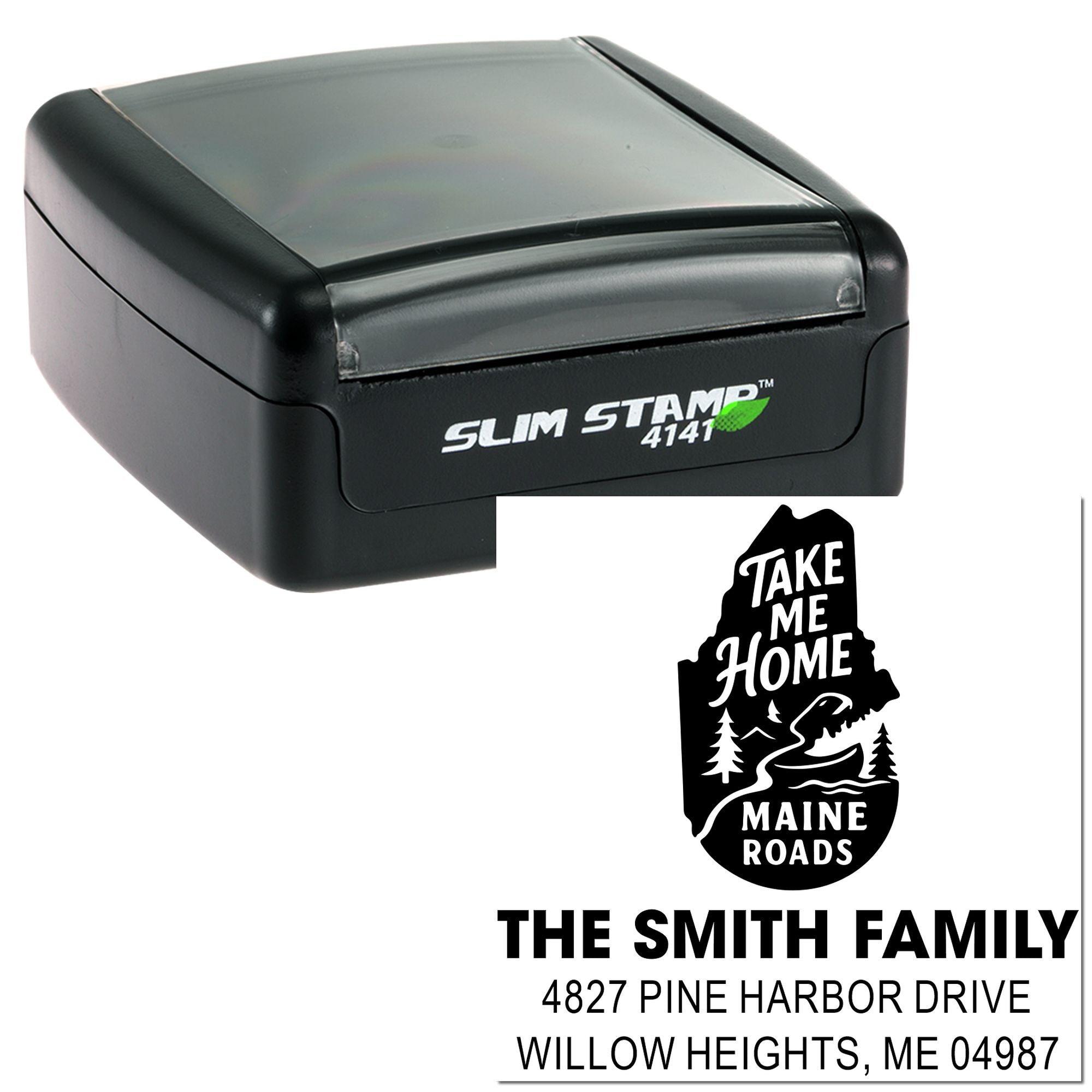 Custom Maine return address rubber stamp with family name and address, shown on Slim Stamp 4141 self-inking stamp.