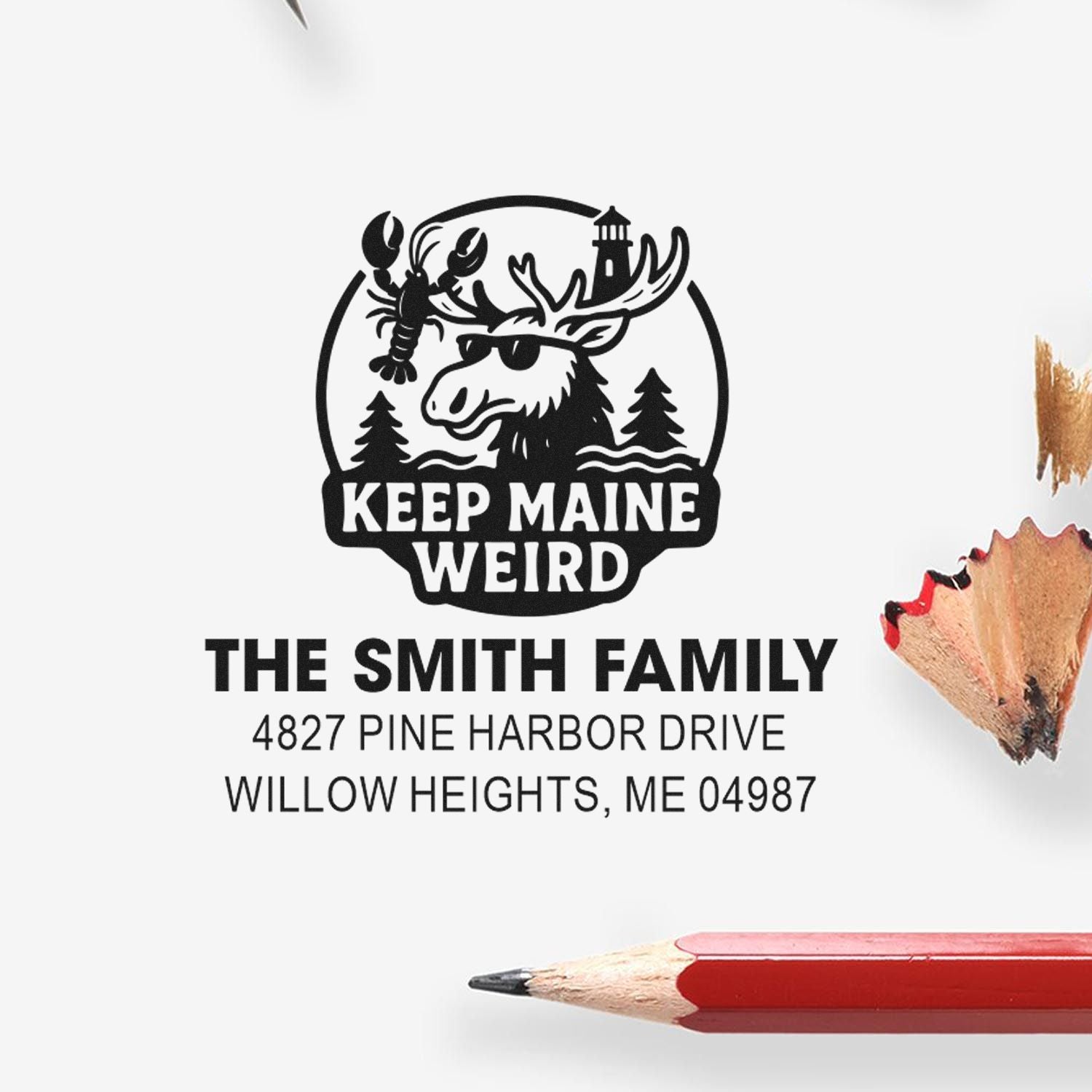 Custom return address rubber stamp with Keep Maine Weird moose design, family name, and Maine address.