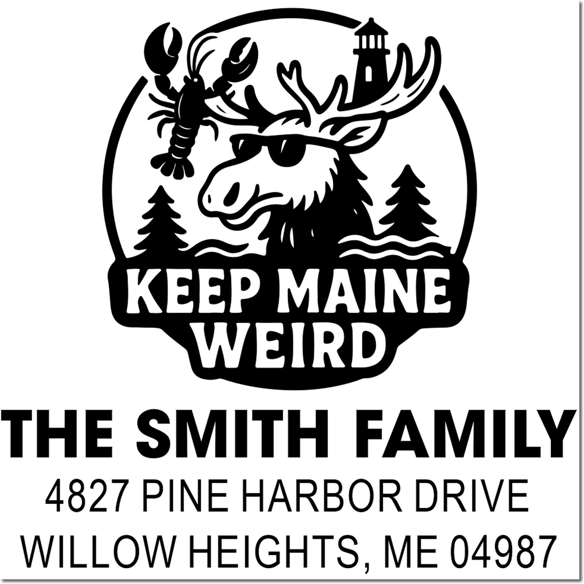 Custom Maine return address rubber stamp for The Smith Family with moose, lighthouse and lobster, Willow Heights, ME 04987