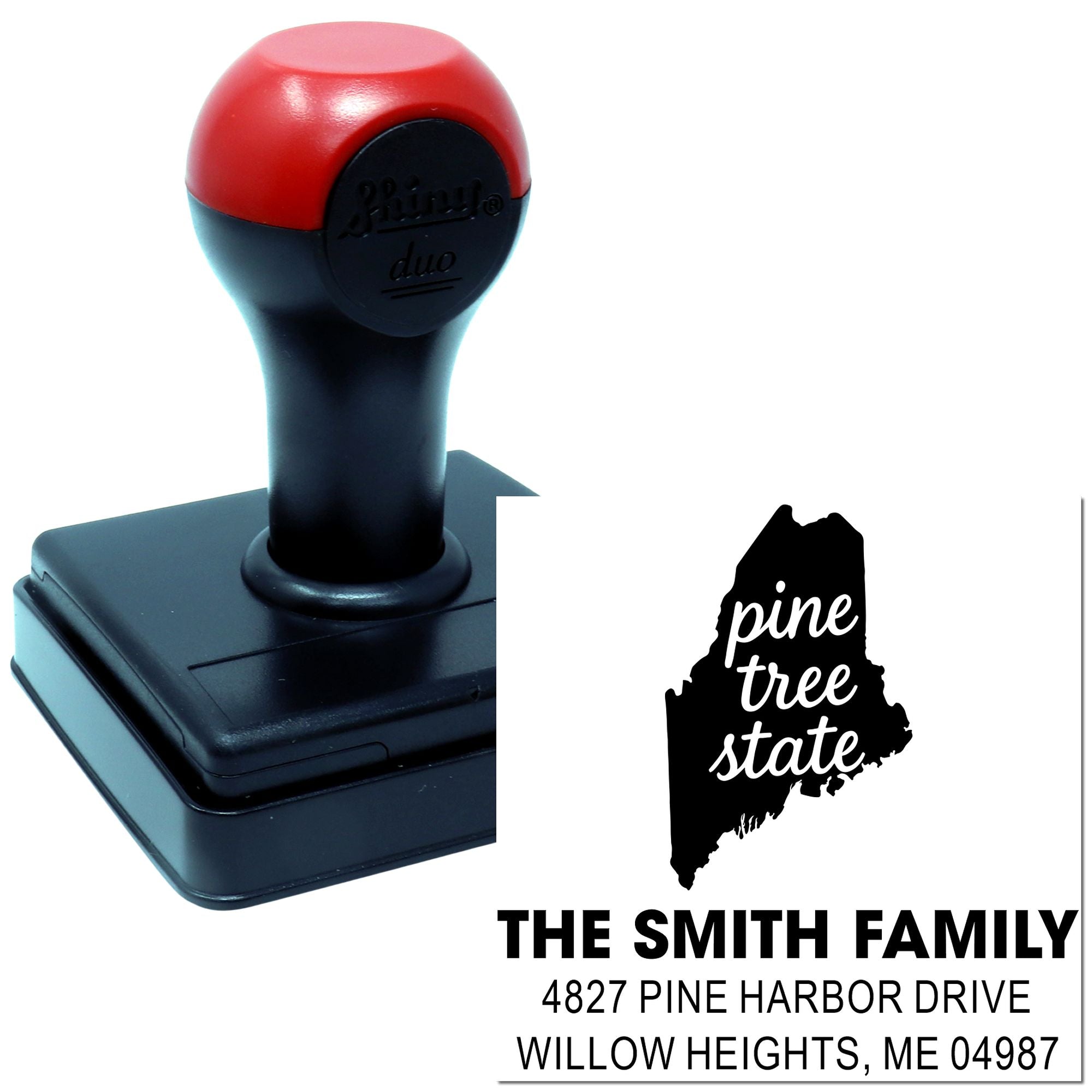 Custom self-inking rubber return address stamp with Maine pine tree design for The Smith Family, 4827 Pine Harbor Drive.