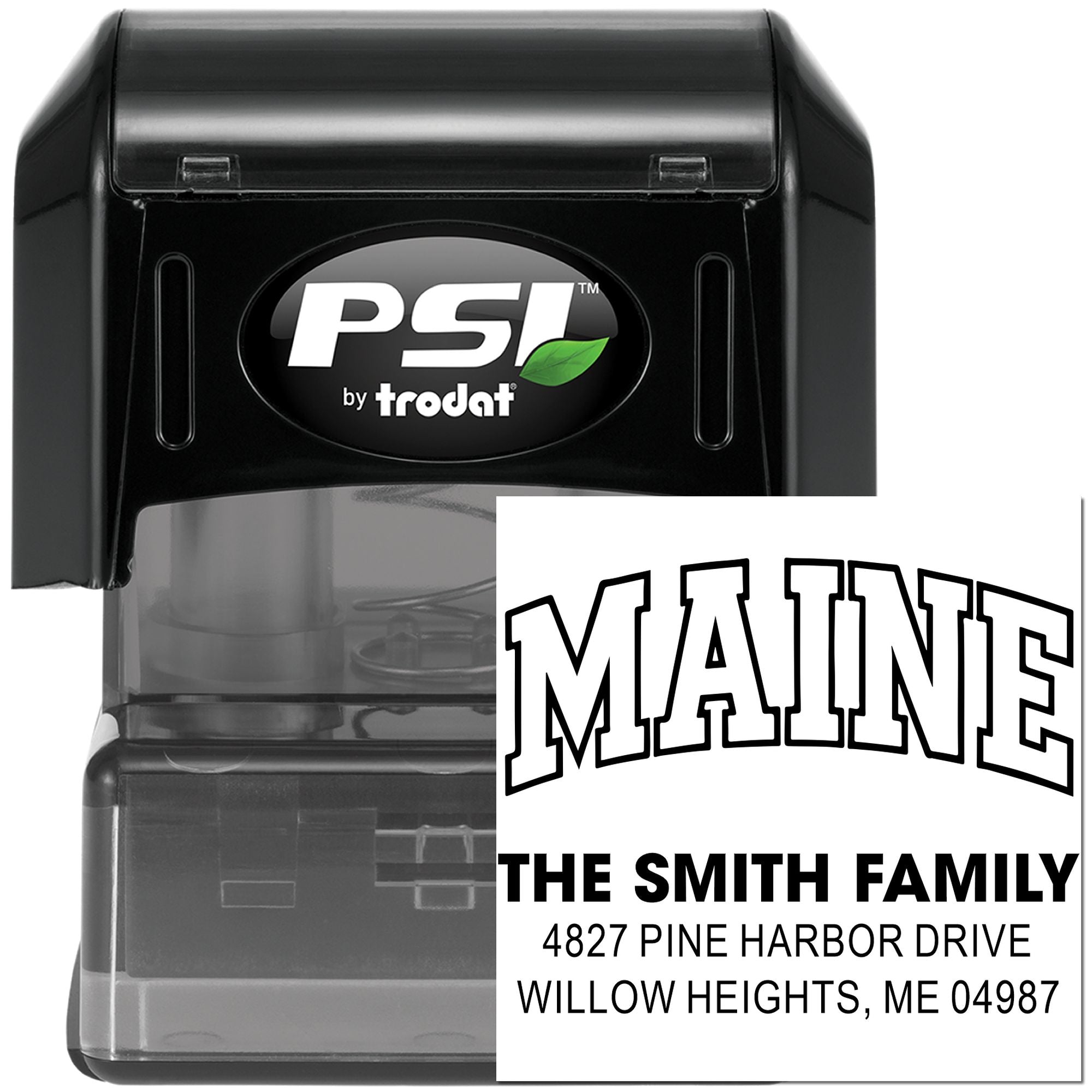 PSI by Trodat self-inking address stamp with Maine family name and return address for custom rubber stamping