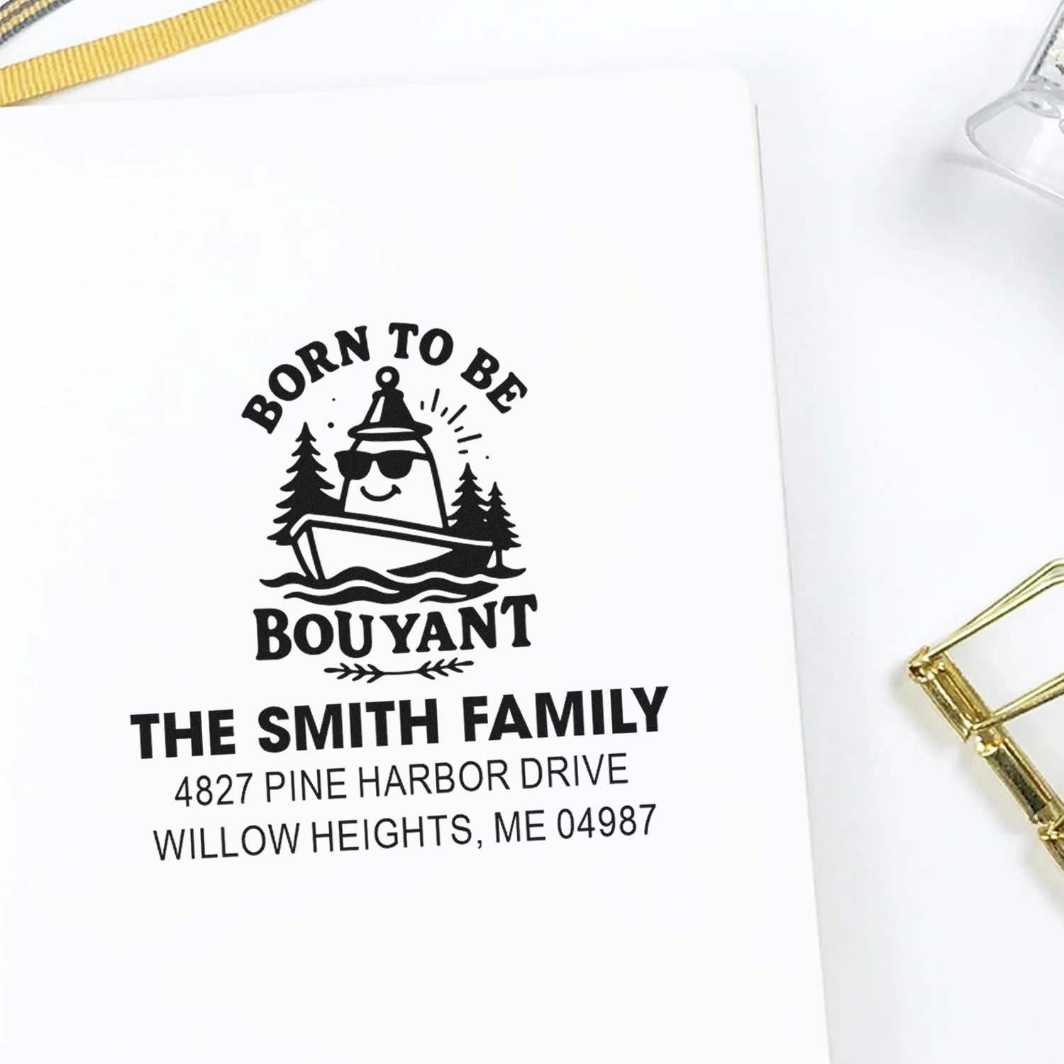 Custom rubber address stamp for The Smith Family with Born to Be Bouyant design and Pine Harbor Drive address.