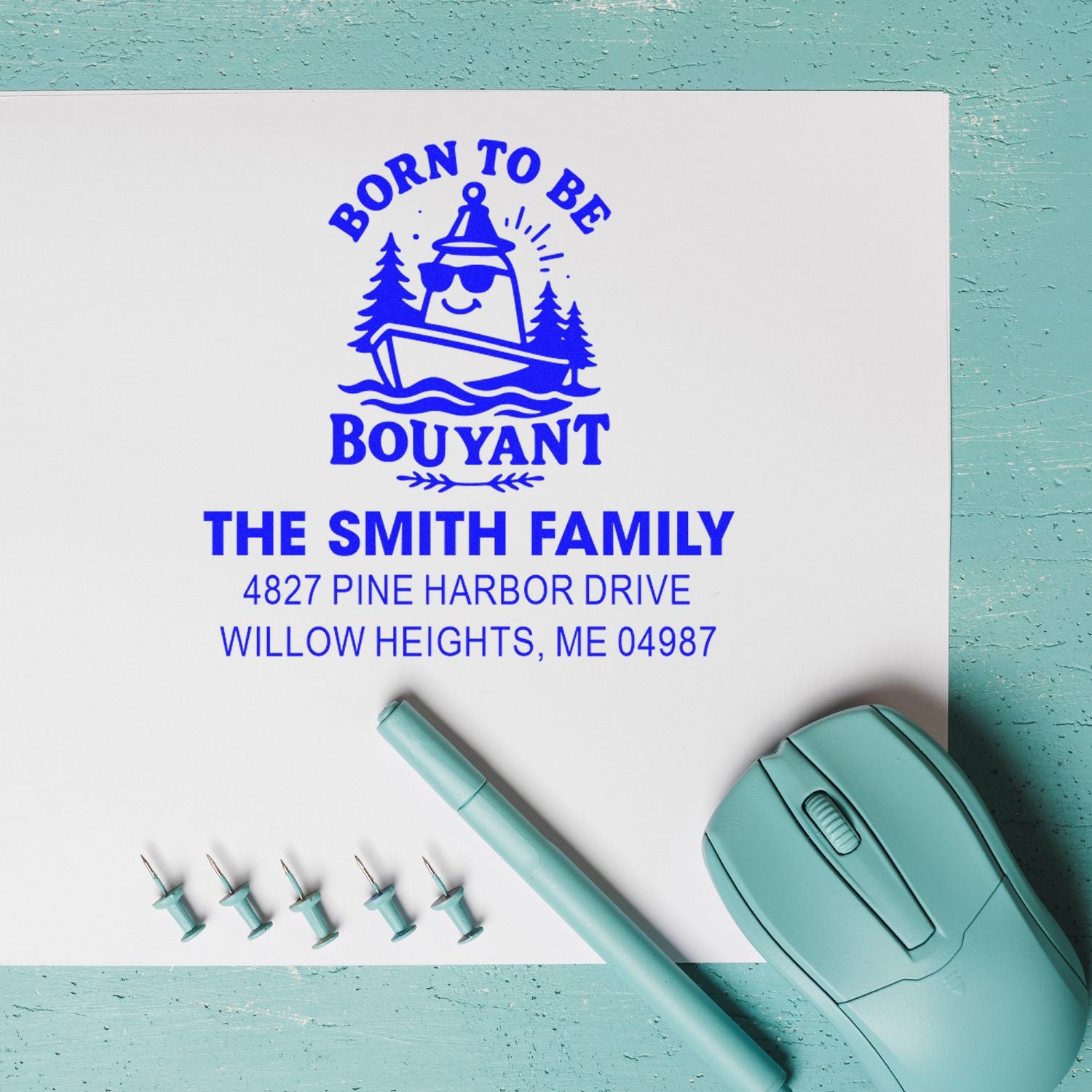 Personalized return address rubber stamp for The Smith Family with Born to Be Bouyant boat design and address.