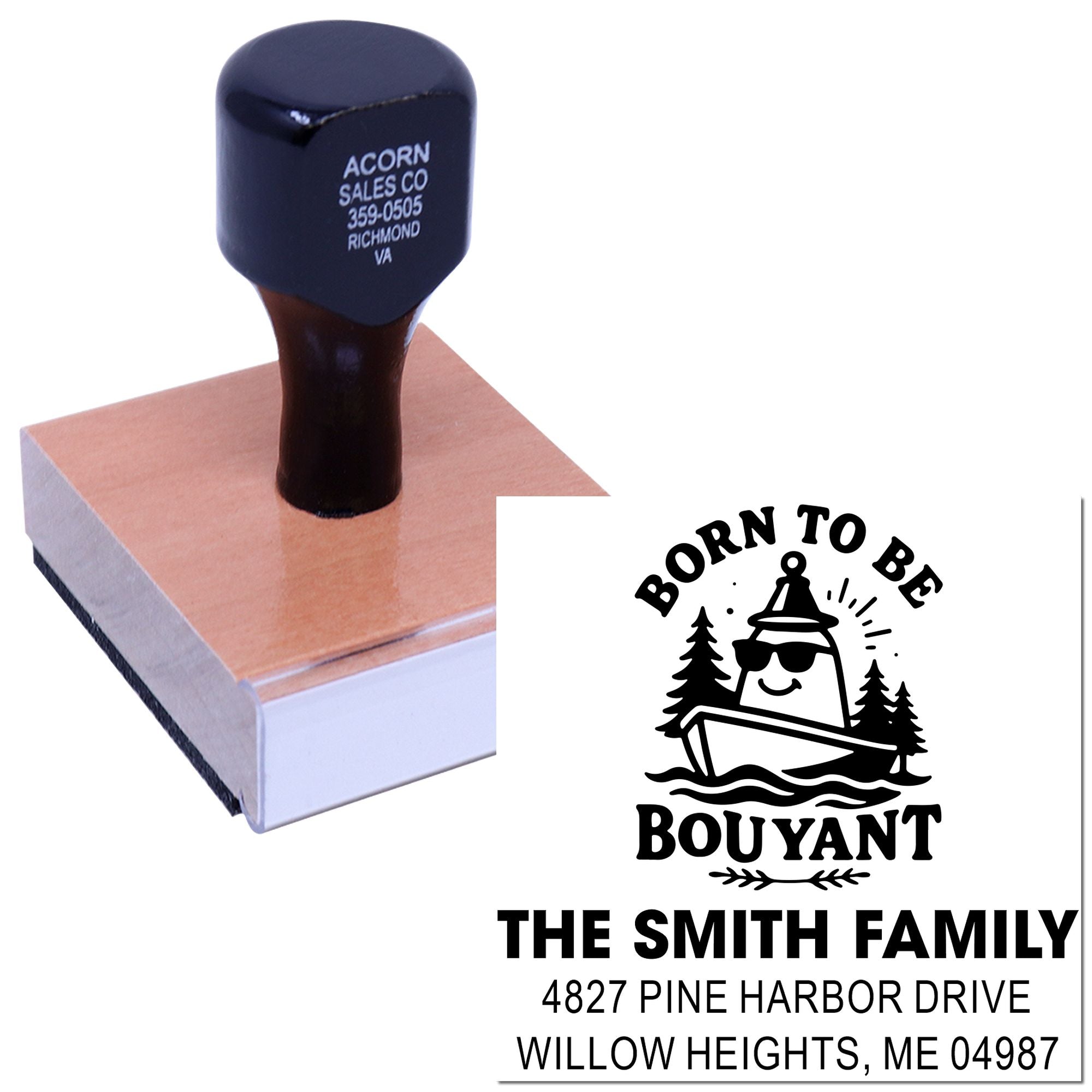 Custom rubber address stamp with Born to Be Bouyant canoe design for The Smith Family, showing name and mailing address.