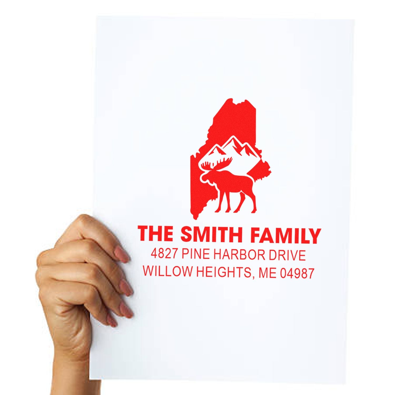 Personalized family return address rubber stamp with Maine moose design for The Smith Family.