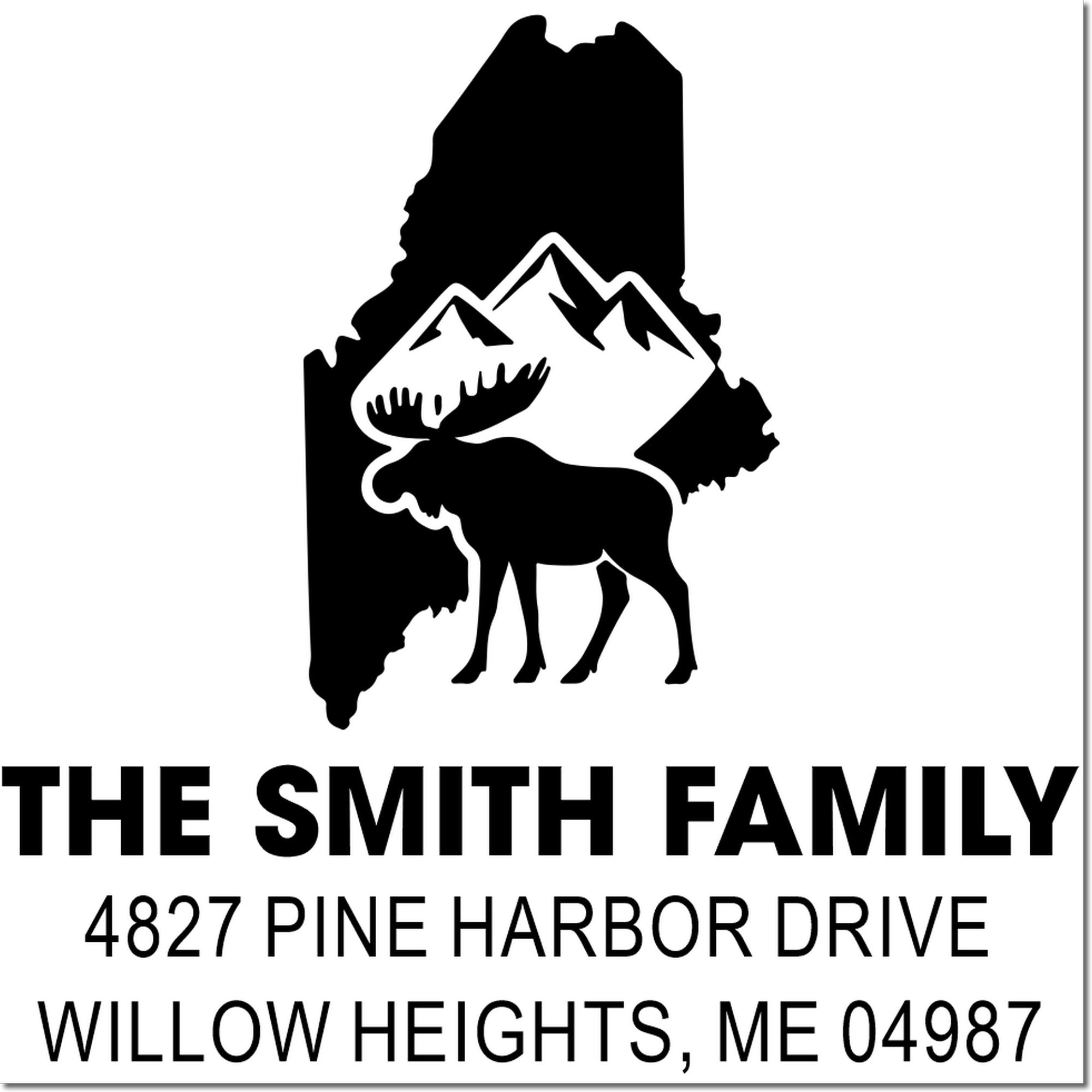 Custom return address rubber stamp with Maine moose and mountain design for The Smith Family, Willow Heights, ME