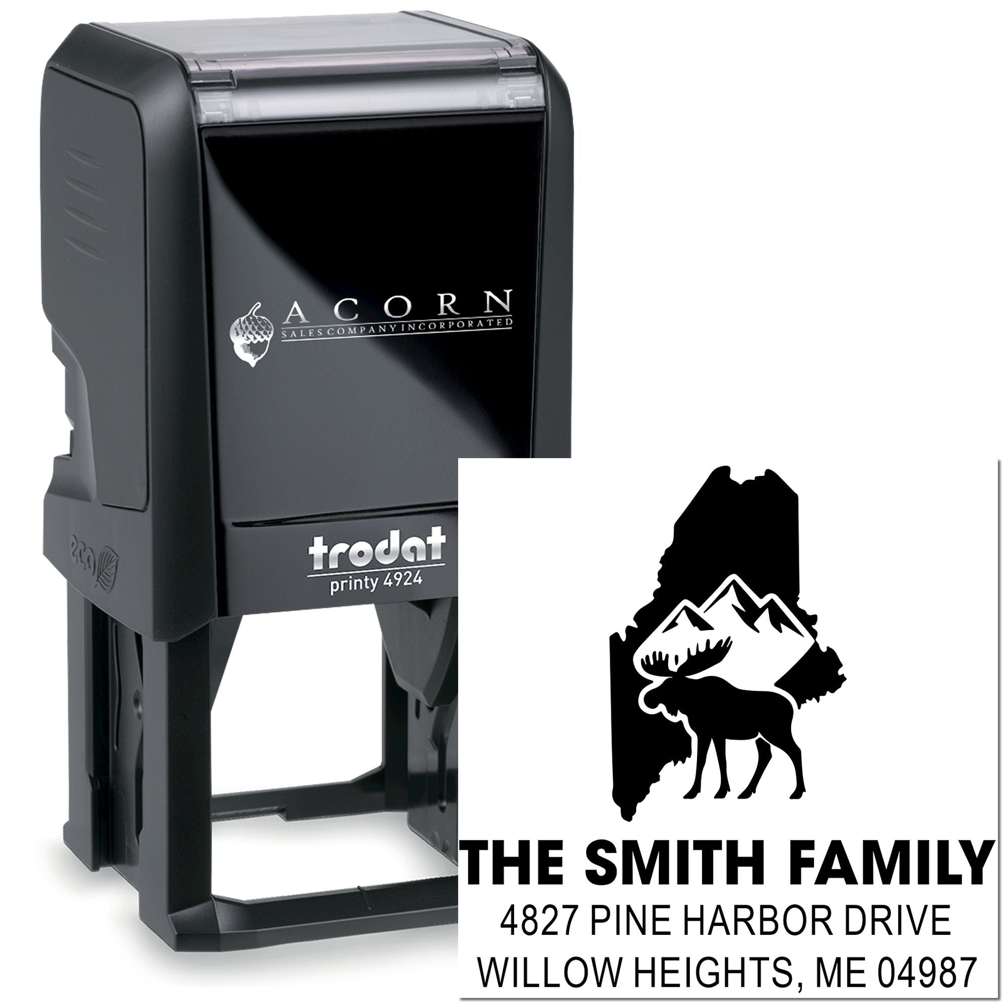 Custom self-inking Trodat Printy 4924 address stamp with Smith family logo, moose design, and Maine address.