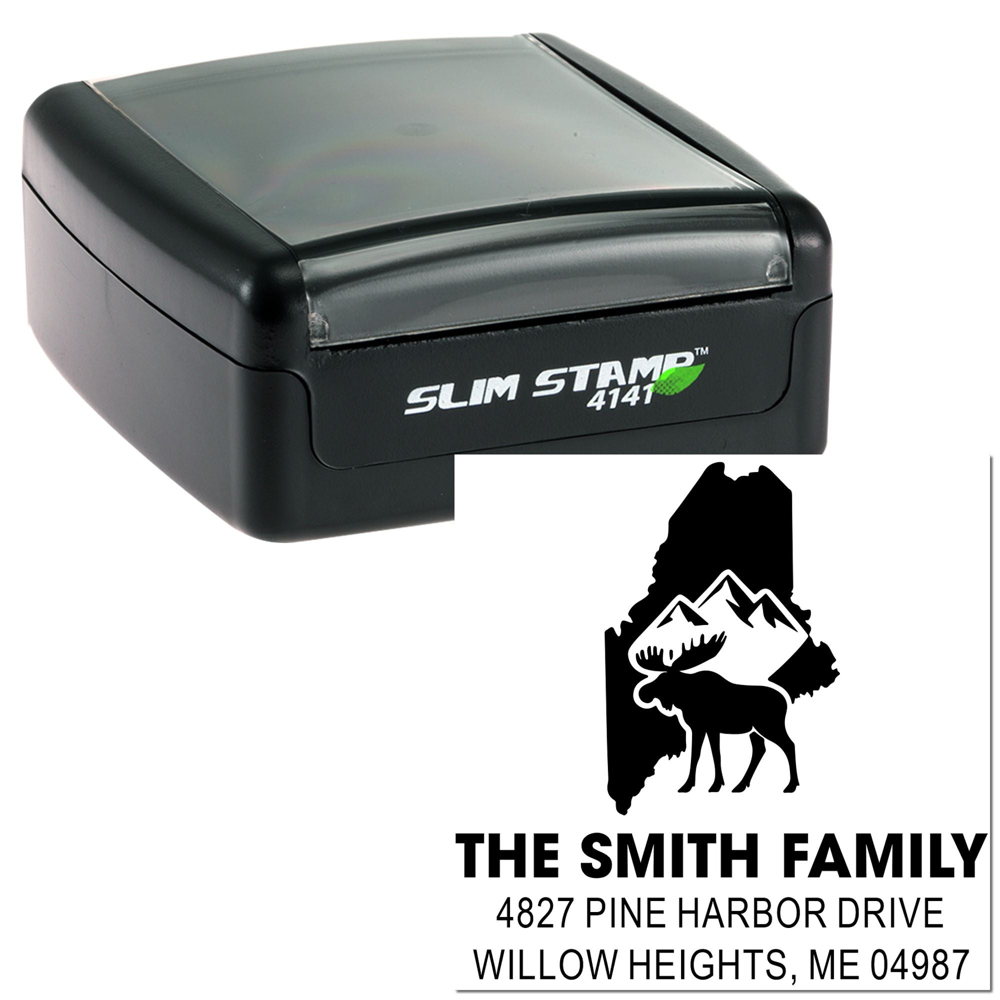 Slim Stamp 4141 custom self-inking rubber stamp with Maine moose address design for the Smith Family