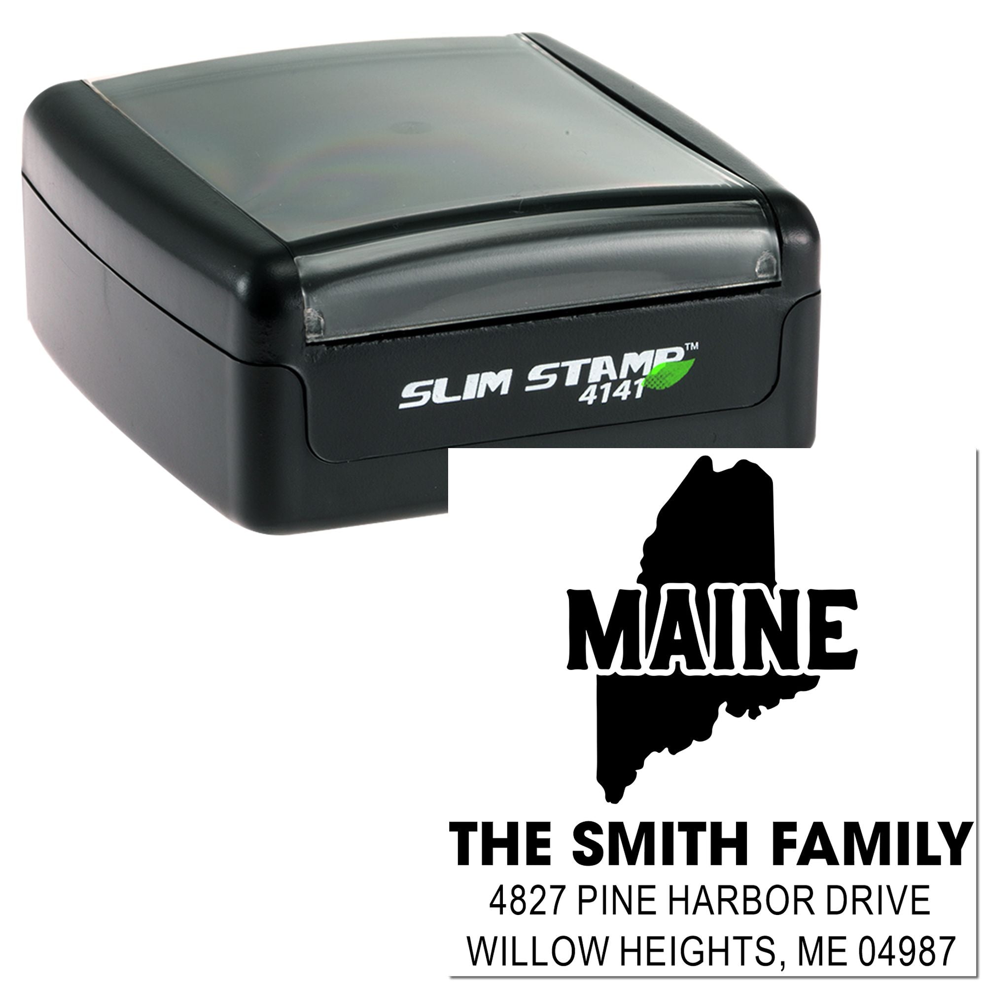 Custom self-inking Maine address stamp for The Smith Family return mailing labels.