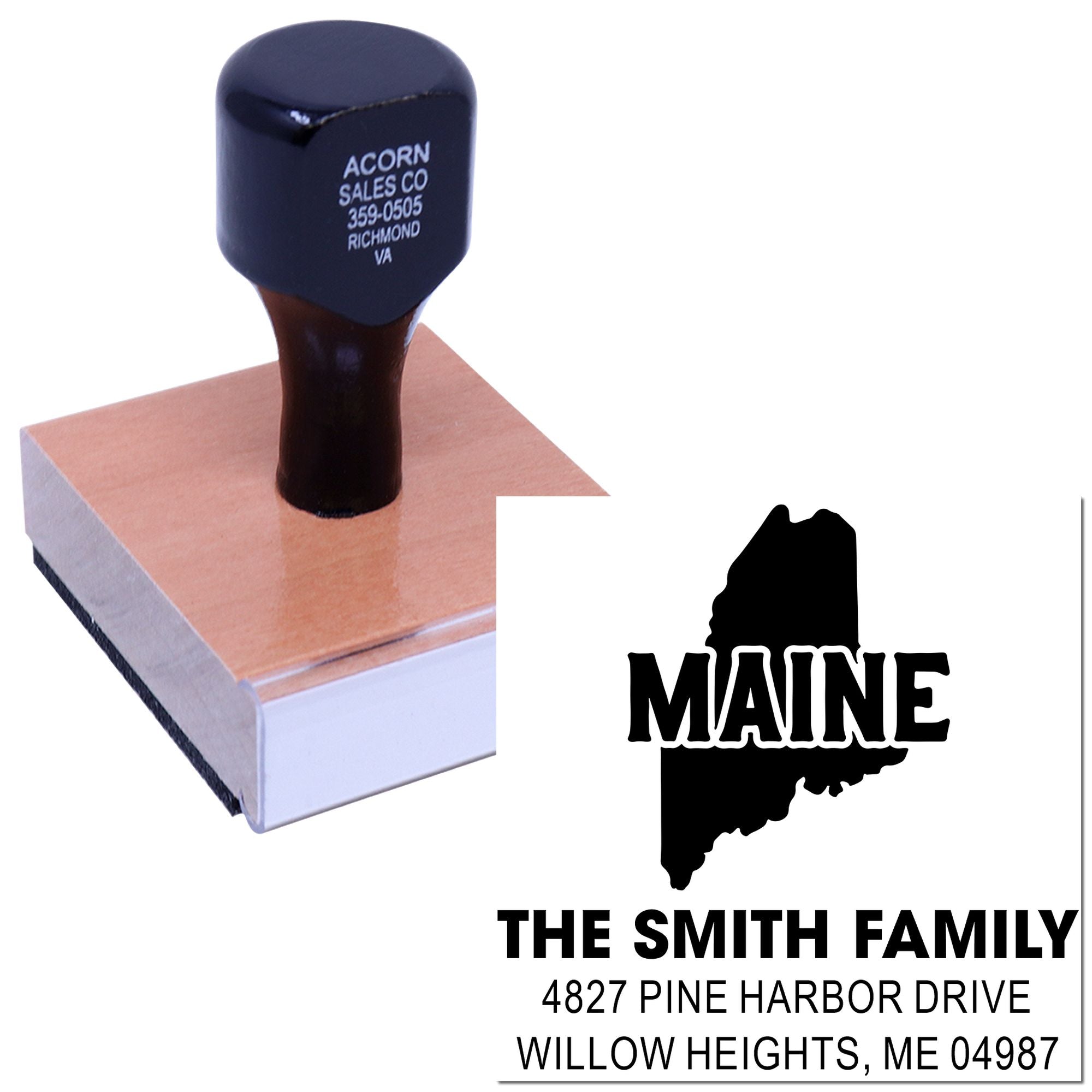 Custom Maine address rubber stamp for The Smith Family with state silhouette and return mailing address.