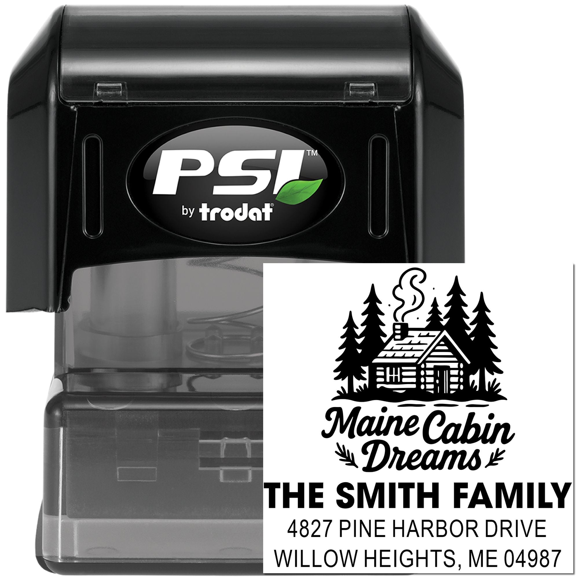 Custom cabin return address rubber stamp, PSI by Trodat, for The Smith Family and Pine Harbor Drive address.