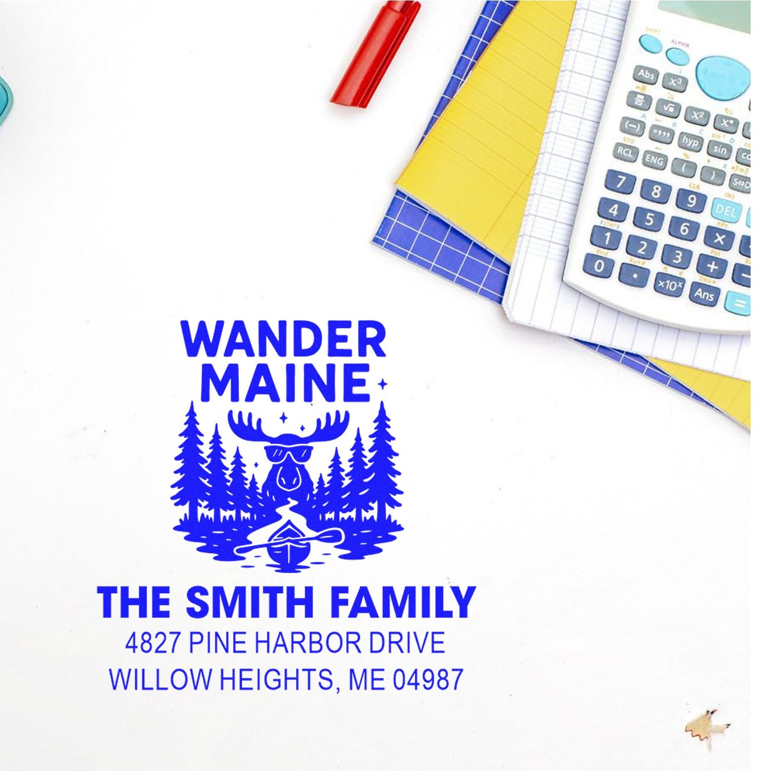 Personalized return address rubber stamp with Wander Maine moose design for The Smith Family, Pine Harbor Drive, Willow Heights, ME.