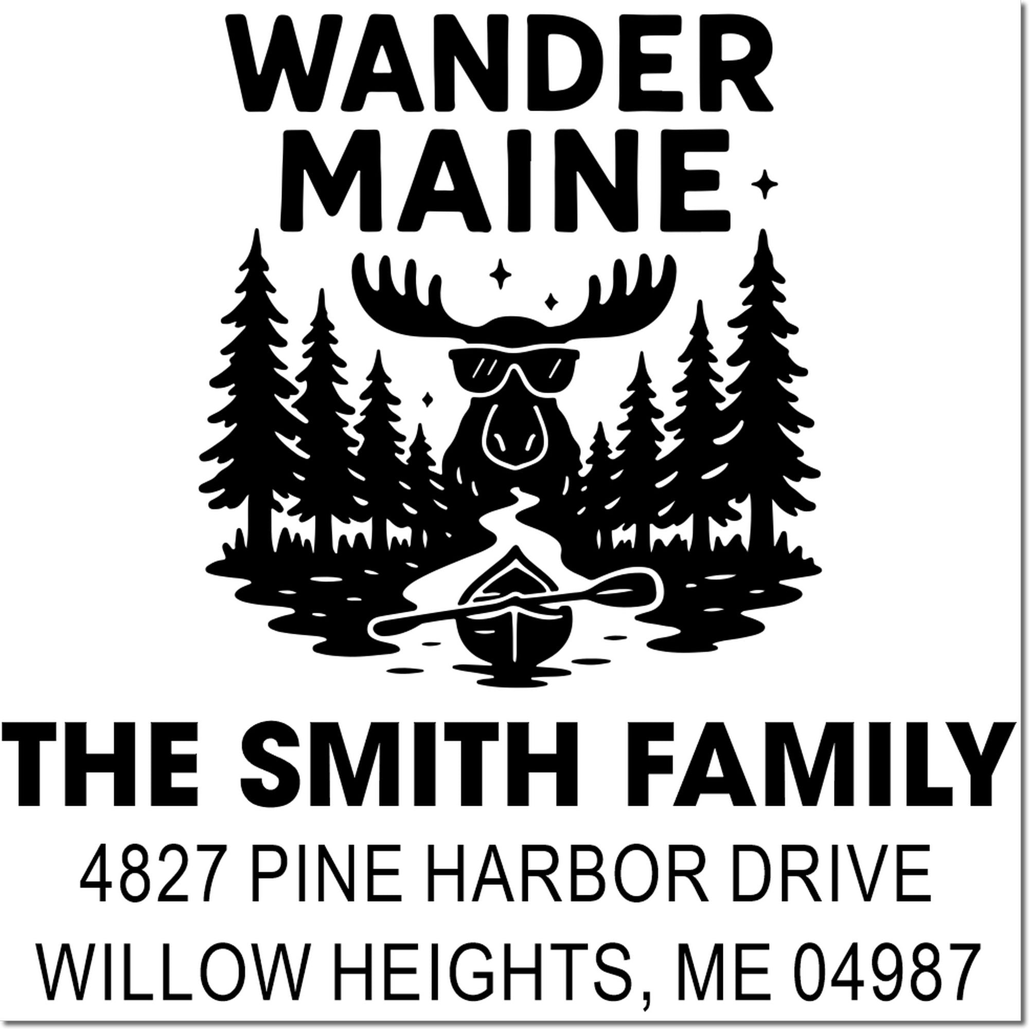 Personalized Maine family address rubber stamp with moose, pine trees and canoe design for The Smith Family, Willow Heights, ME.