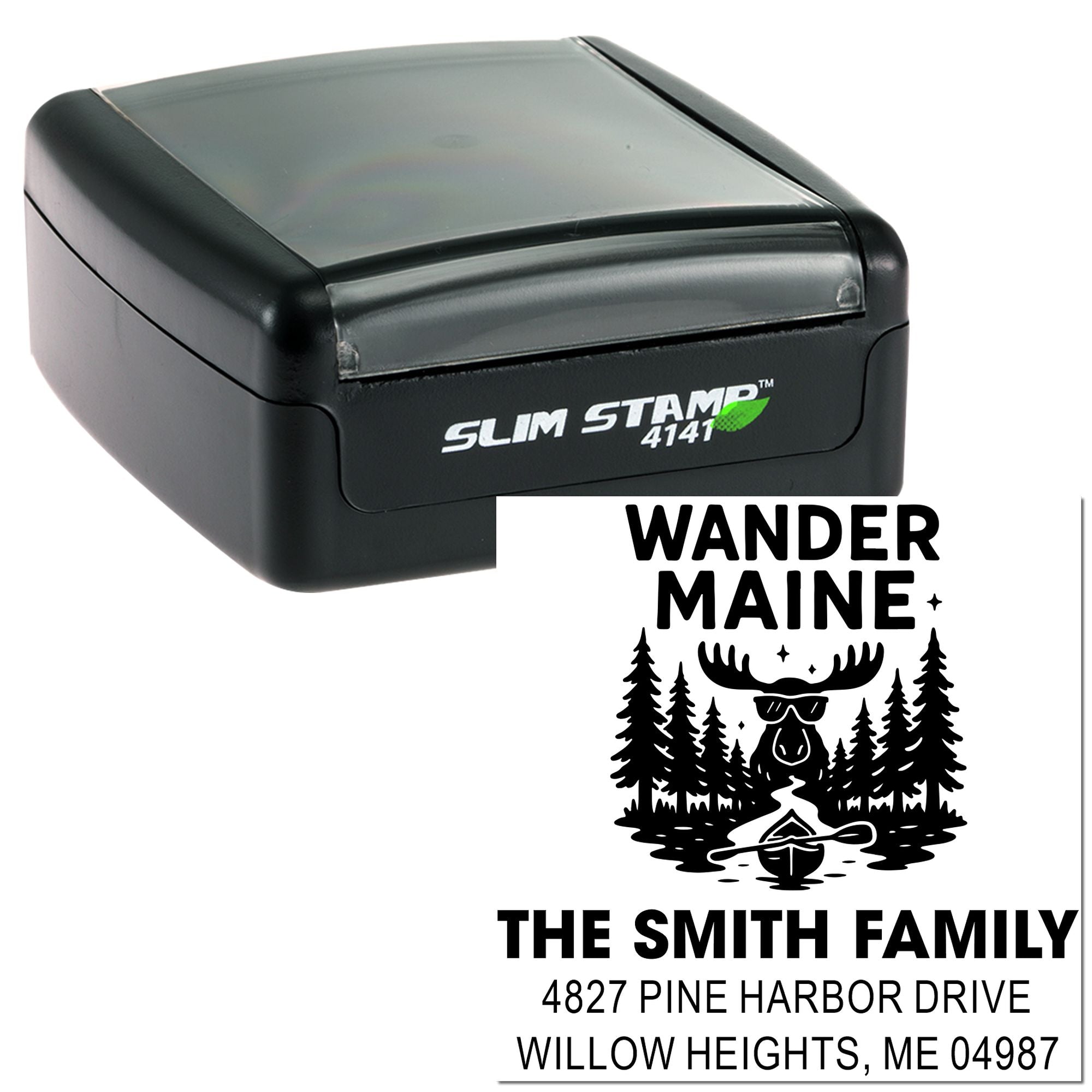 Custom self-inking rubber address stamp with Wander Maine design, family name, and return mailing address.