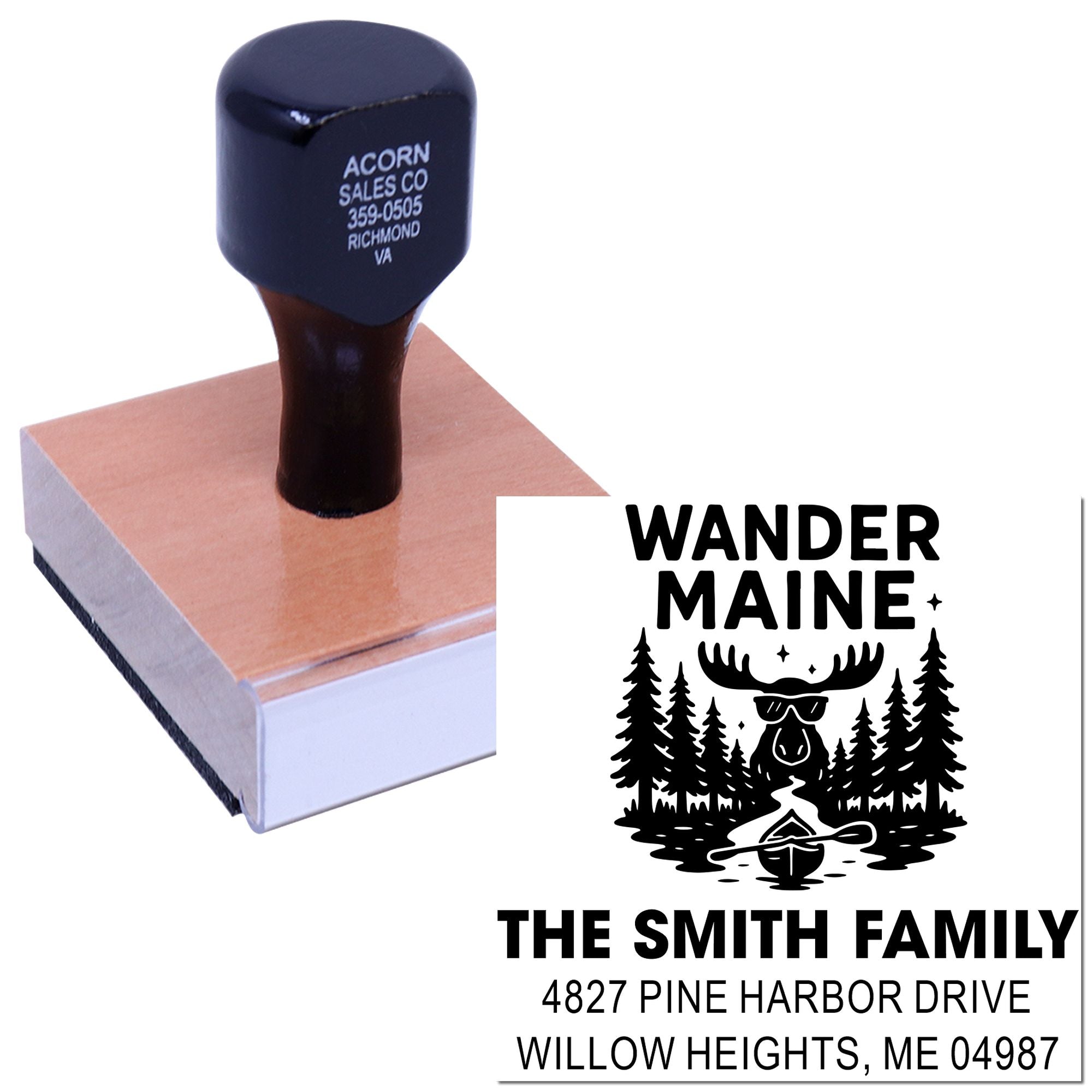 Custom rubber stamp with a Wander Maine family address design for branding envelopes, mail, and personalized stationery.