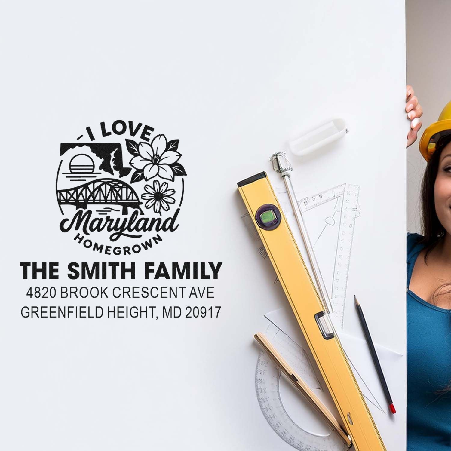 Personalized address rubber stamp mockup with Maryland homegrown design, family name, and home address.
