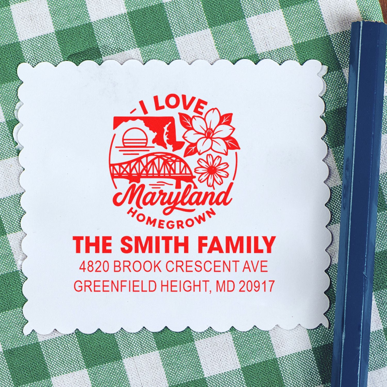 Custom Maryland return address rubber stamp with homegrown design for The Smith Family, Greenfield Height, MD 20917.