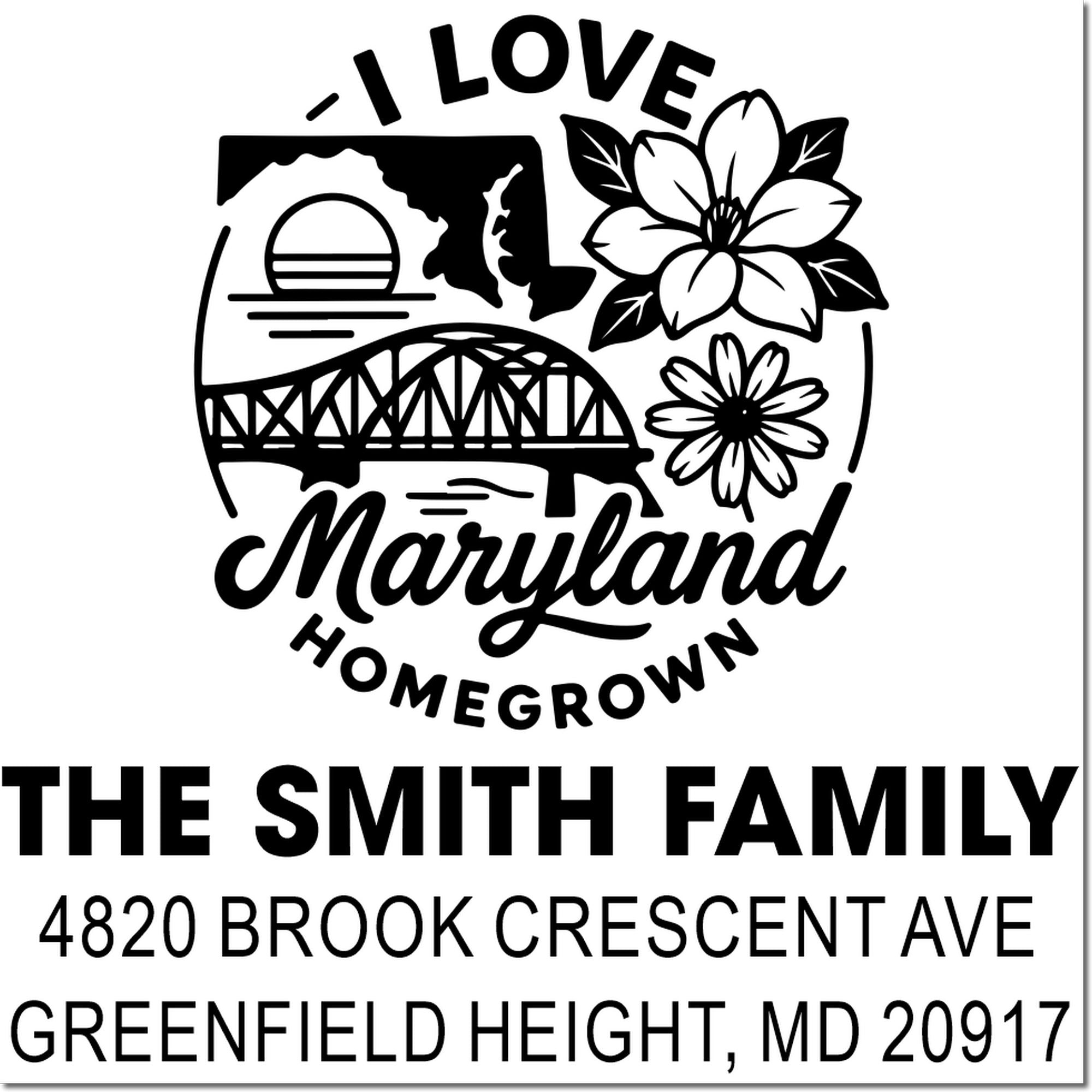 Custom Maryland homegrown family address rubber stamp for The Smith Family, with bridge, flowers and Greenfield Heights, MD