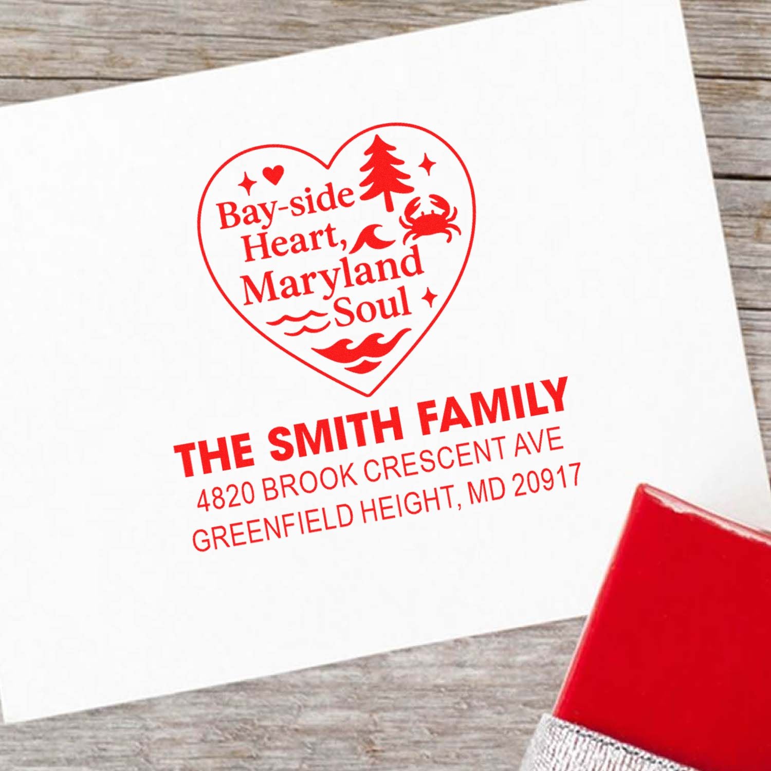 Personalized Maryland return address rubber stamp with heart-shaped Bay-side design for family mail and envelopes.