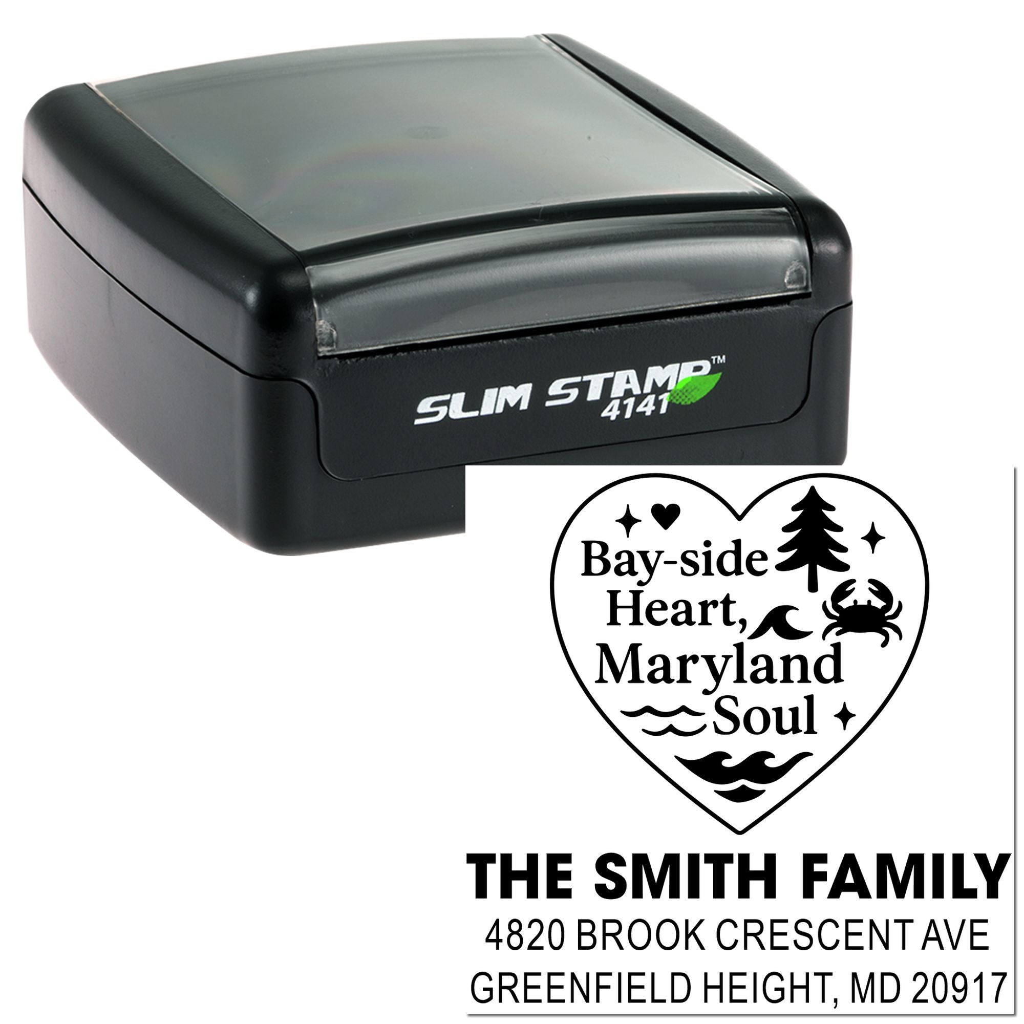 Custom Slim Stamp self-inking rubber stamp with heart-shaped Bay-side Heart Maryland Soul design and Smith family address.