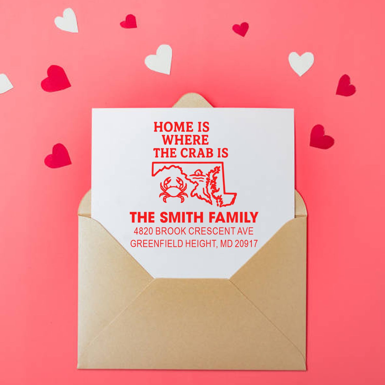 Custom crab return address rubber stamp with Home is where the crab is for The Smith Family, Maryland address.