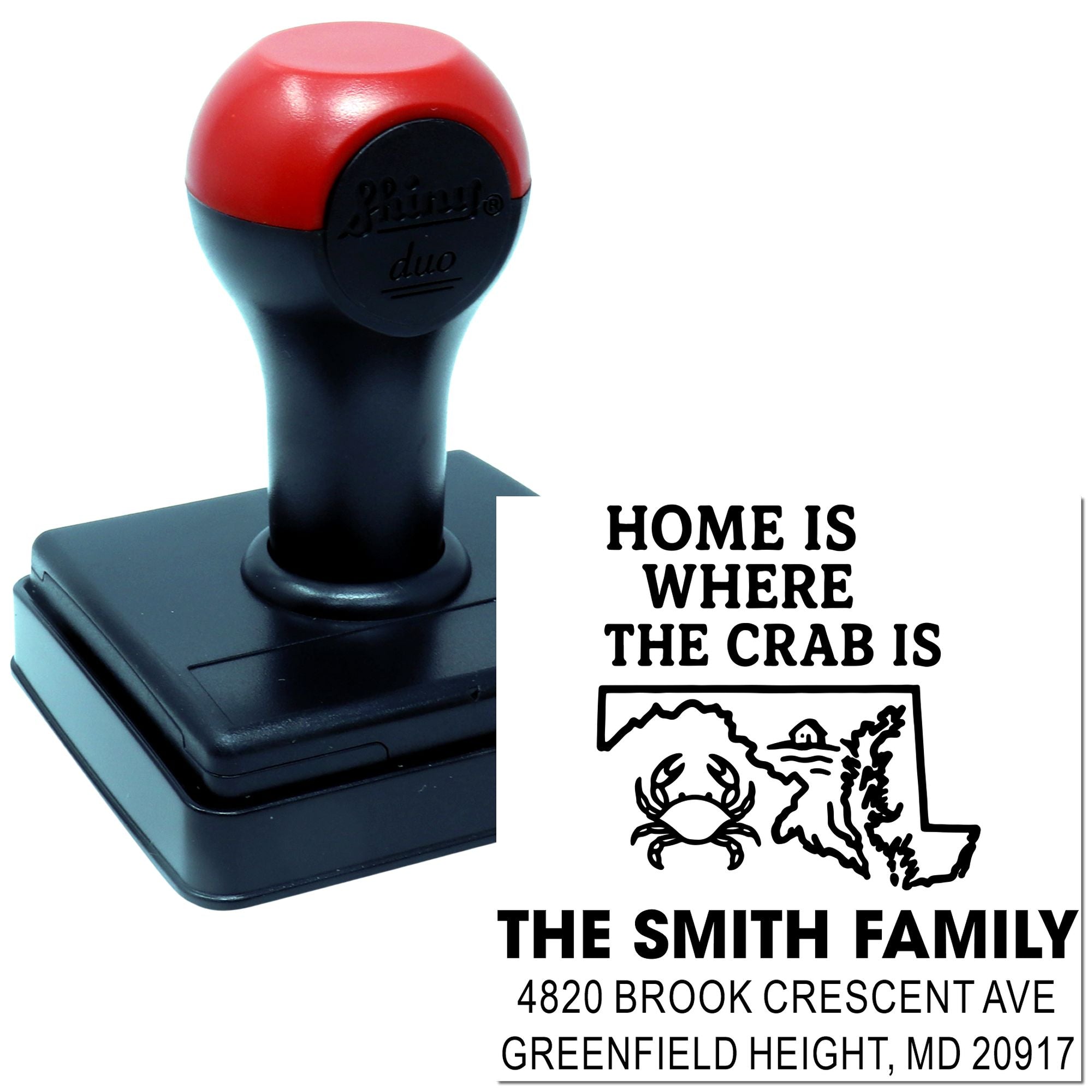 Personalized self-inking rubber address stamp with crab design and Home Is Where the Crab Is custom family name and address.