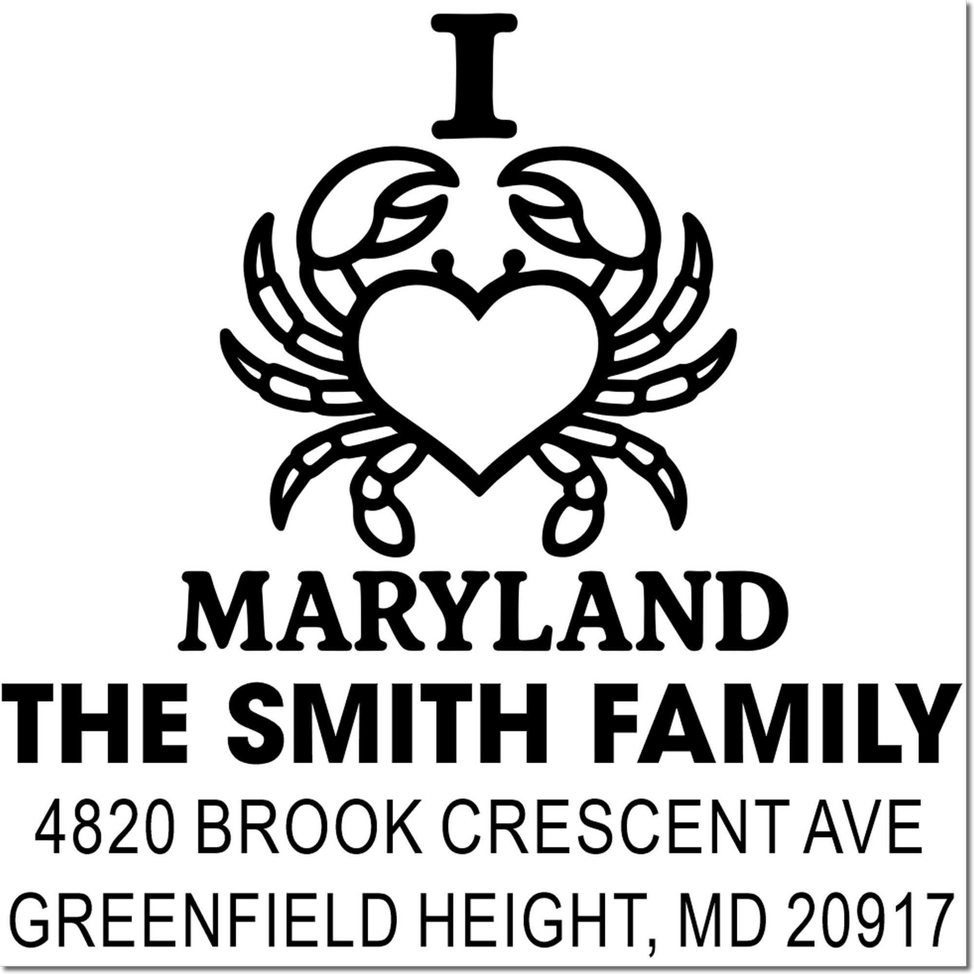 Custom address stamp with crab heart design for The Smith Family, 4820 Brook Crescent Ave, Greenfield Height, MD 20917