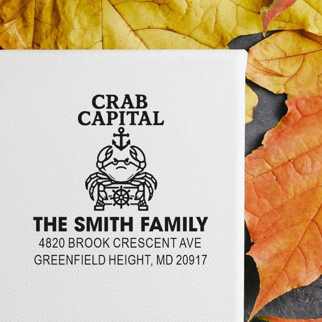 Custom crab captain family return address rubber stamp with The Smith Family, Greenfield Height, MD 20917.