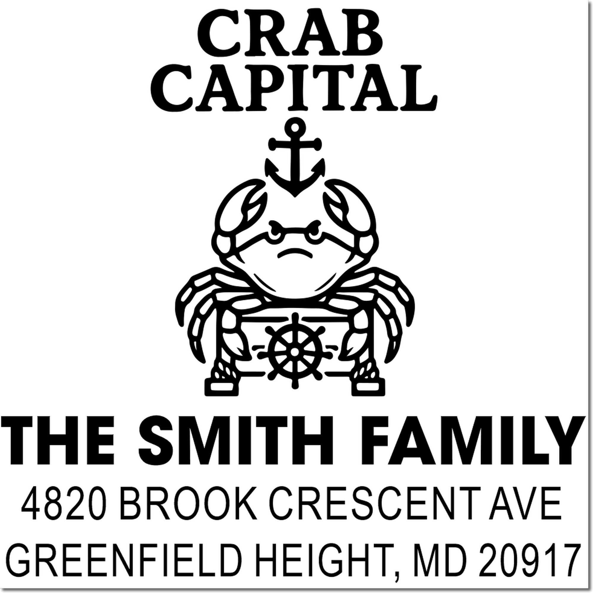 Custom crab family return address stamp with nautical anchor design for Greenfield Heights, MD.
