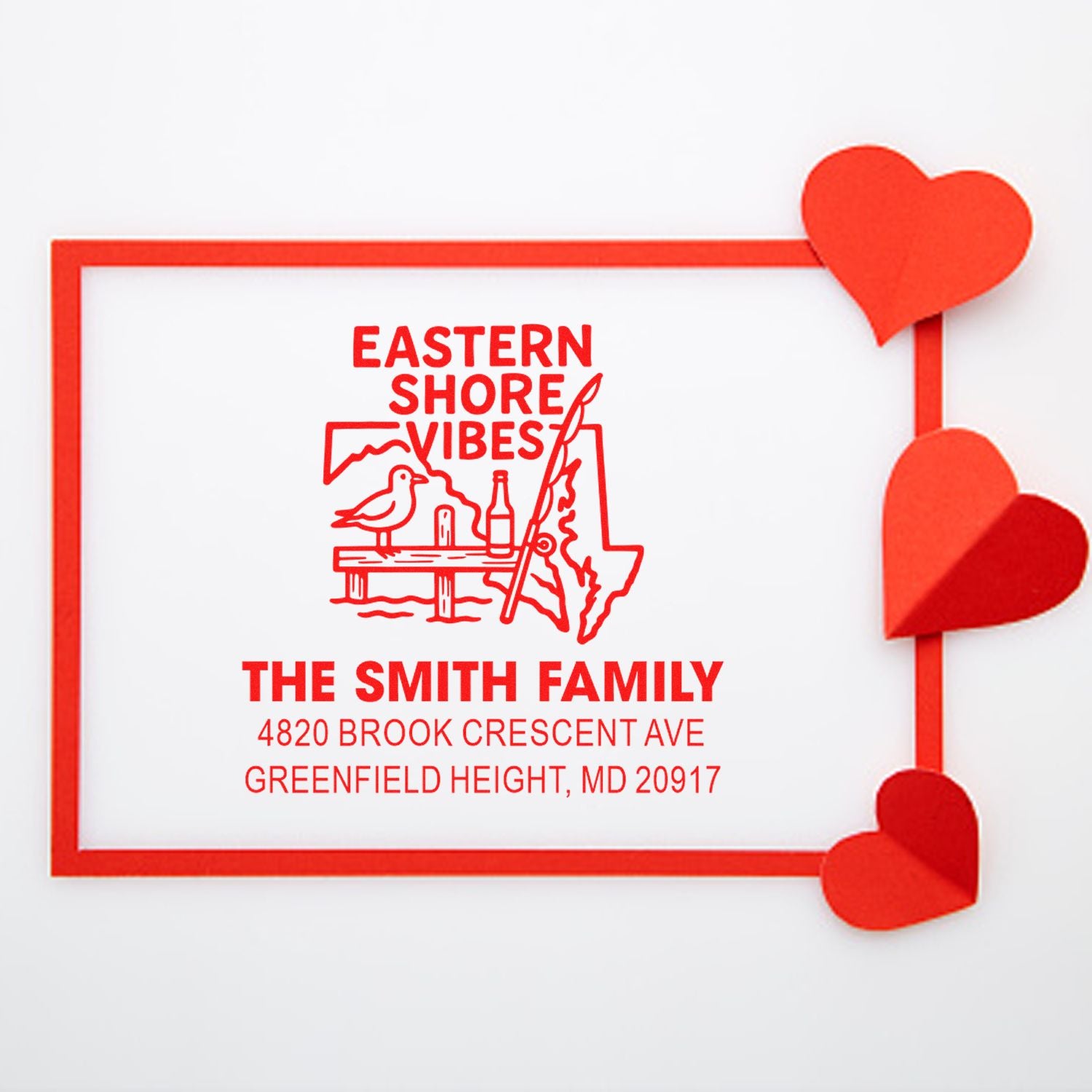 Custom red rubber address stamp for The Smith Family with Eastern Shore Vibes design and heart accents.