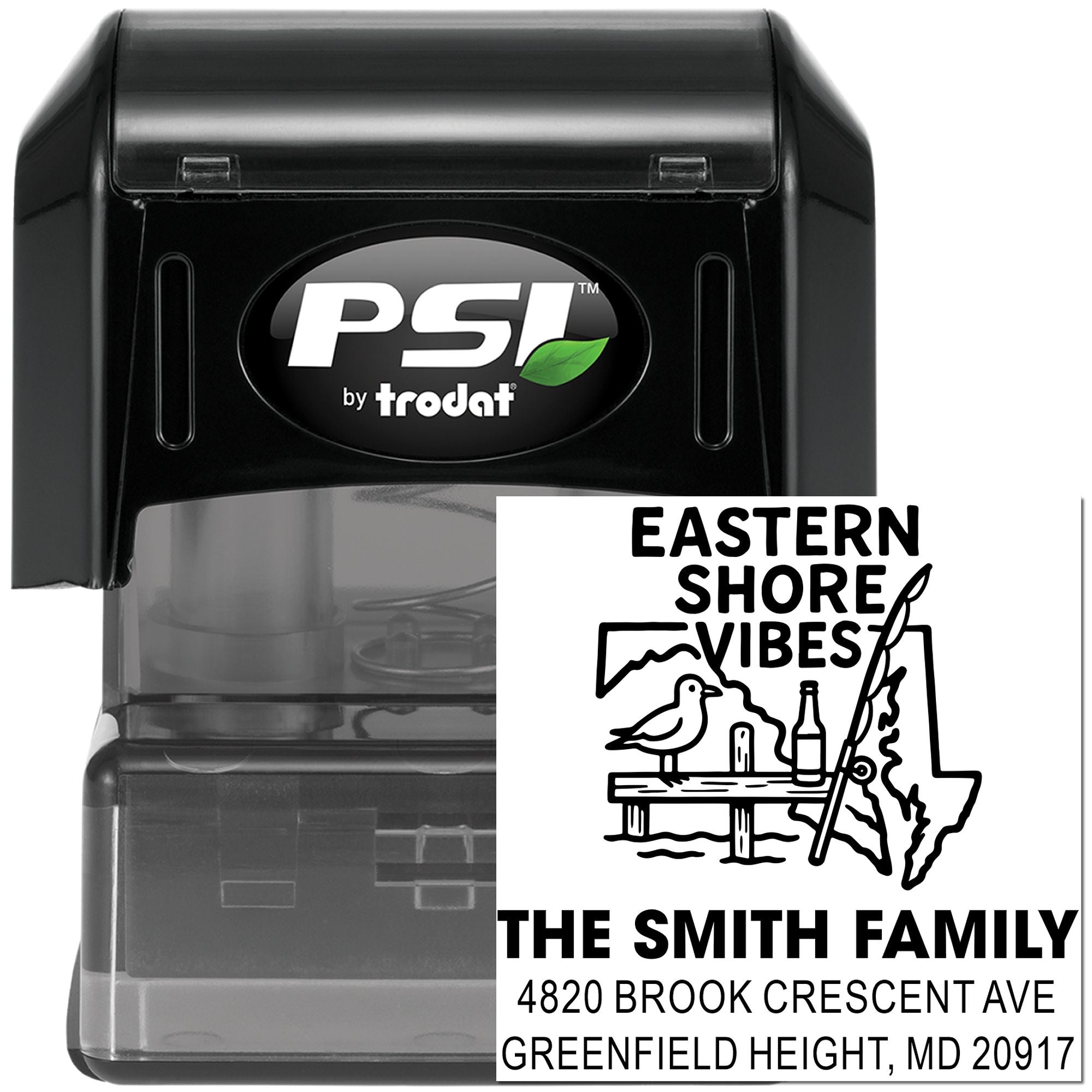 Custom PSI by Trodat self-inking rubber stamp with Eastern Shore Vibes return address design for The Smith Family