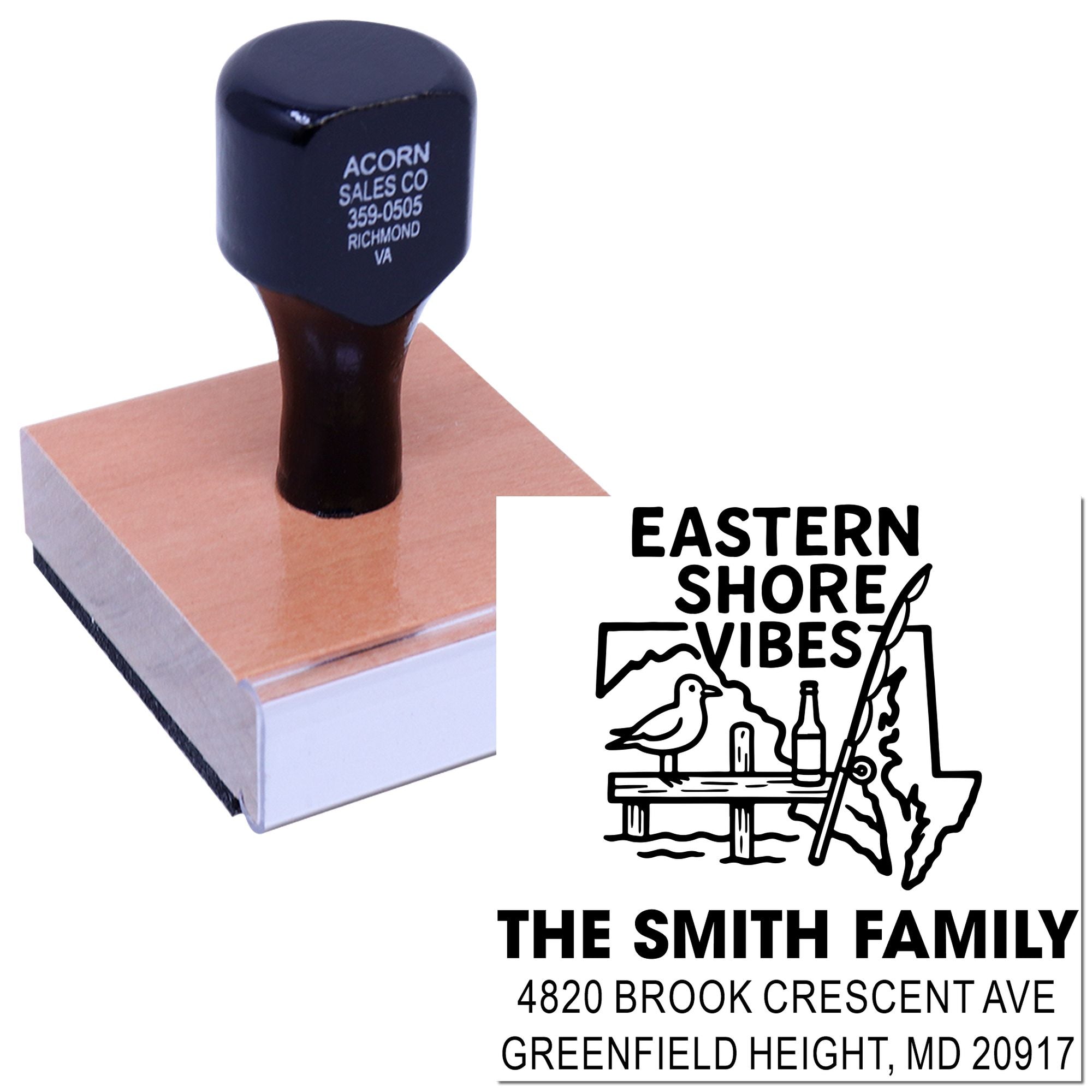 Custom Eastern Shore Vibes rubber stamp for family address cards and coastal mailing, featuring The Smith Family name.